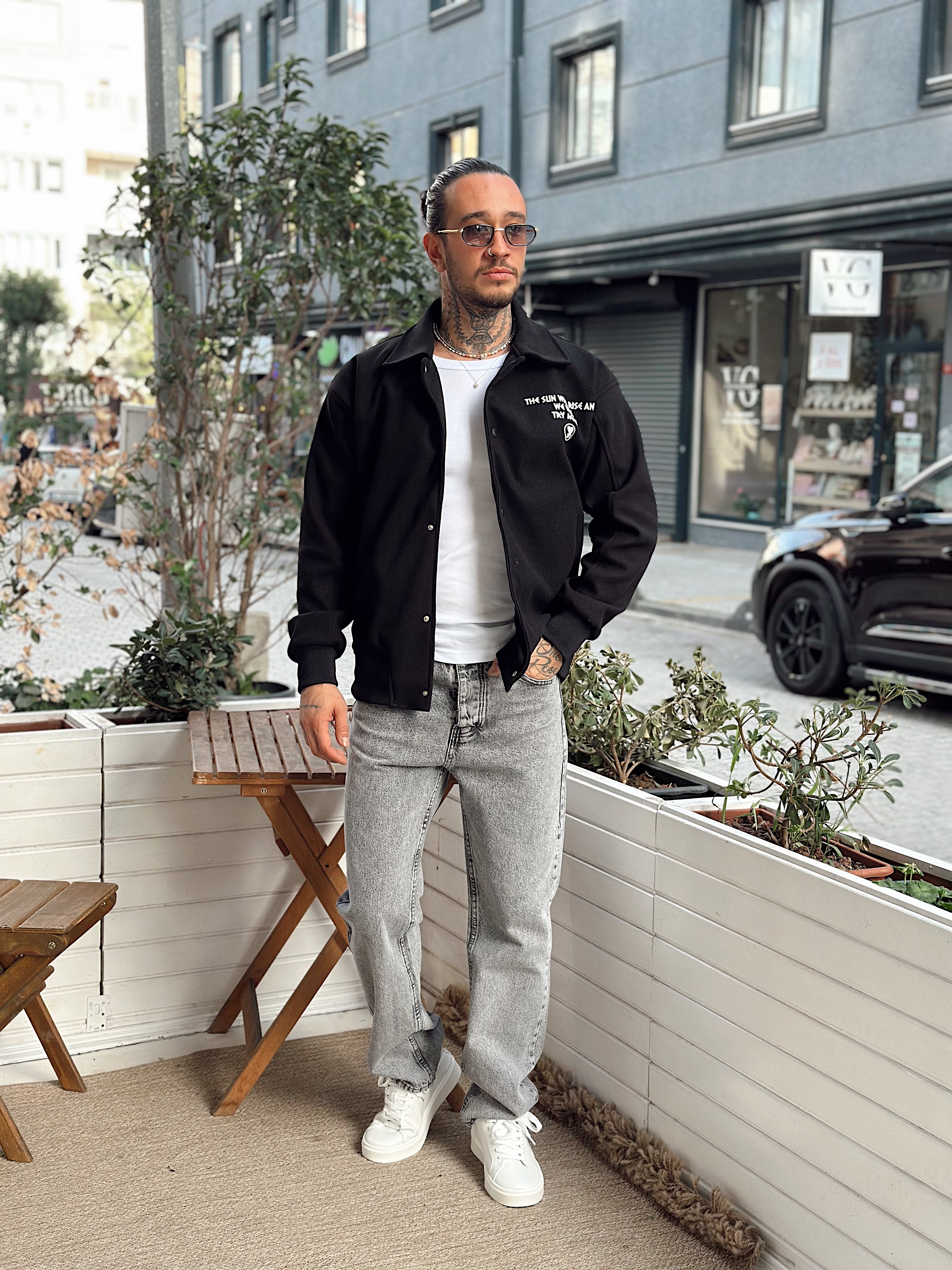 MC4088 - Flok Ön Arka Baskılı Kaşe Ceket siyah