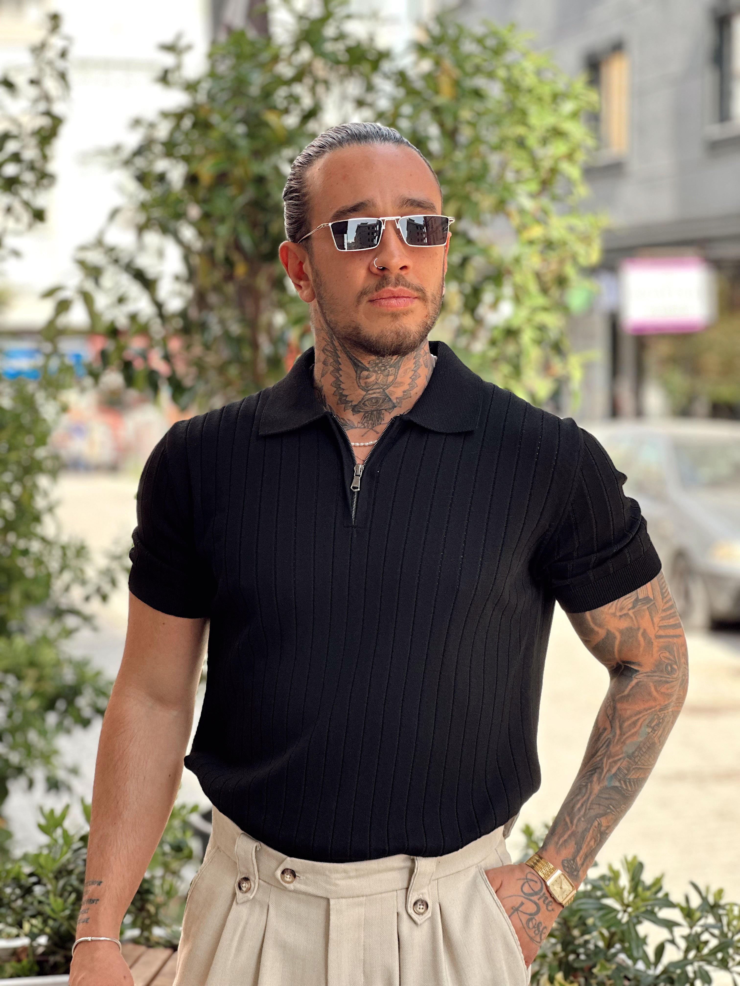 MT2826 - Yakası Fermuarlı Full Likralı Polo Yaka T-Shirt siyah
