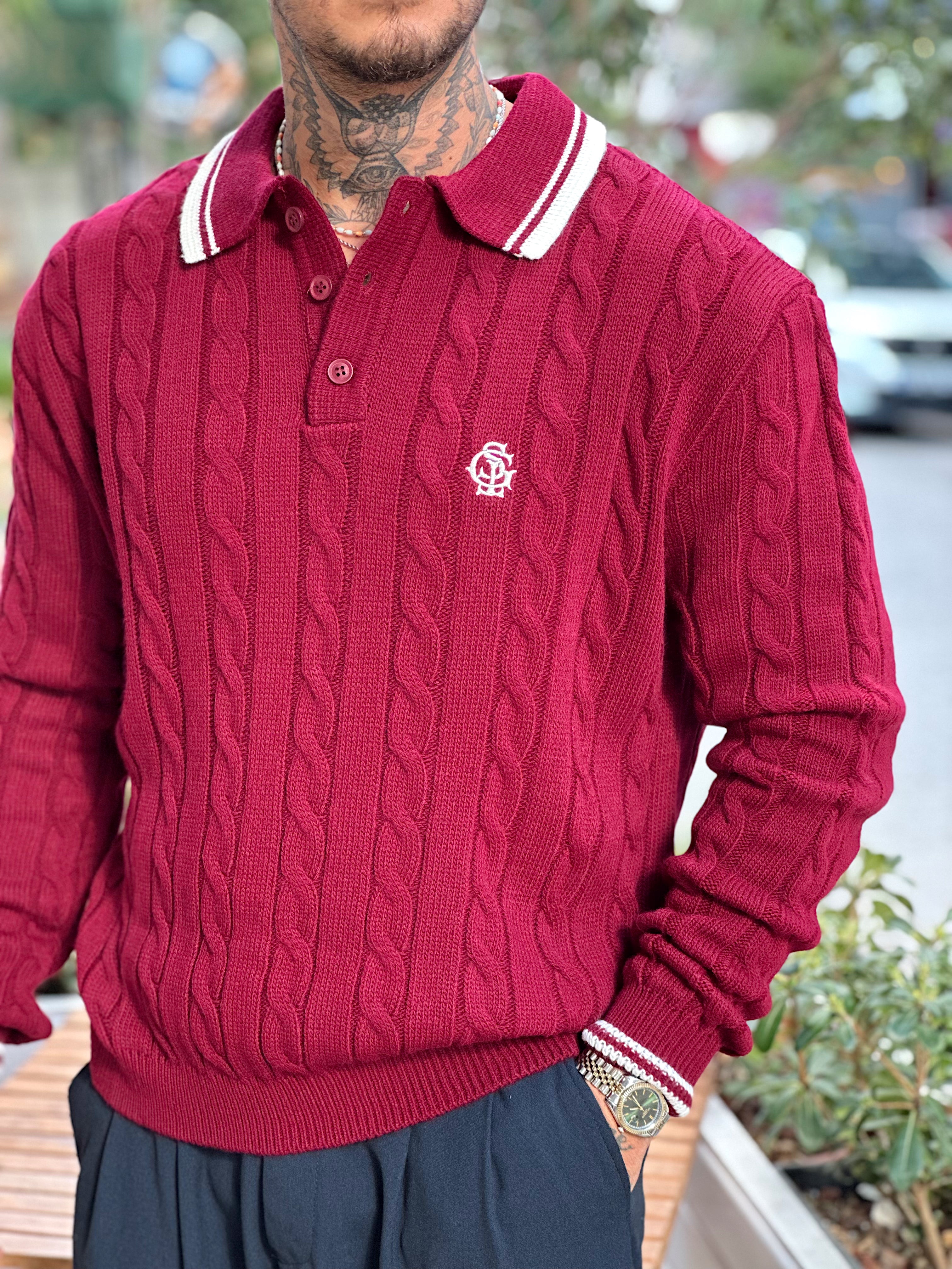 MS4028 - Saç Örgü Şerit Detaylı Örme Polo Yaka Sweatshirt Bordo