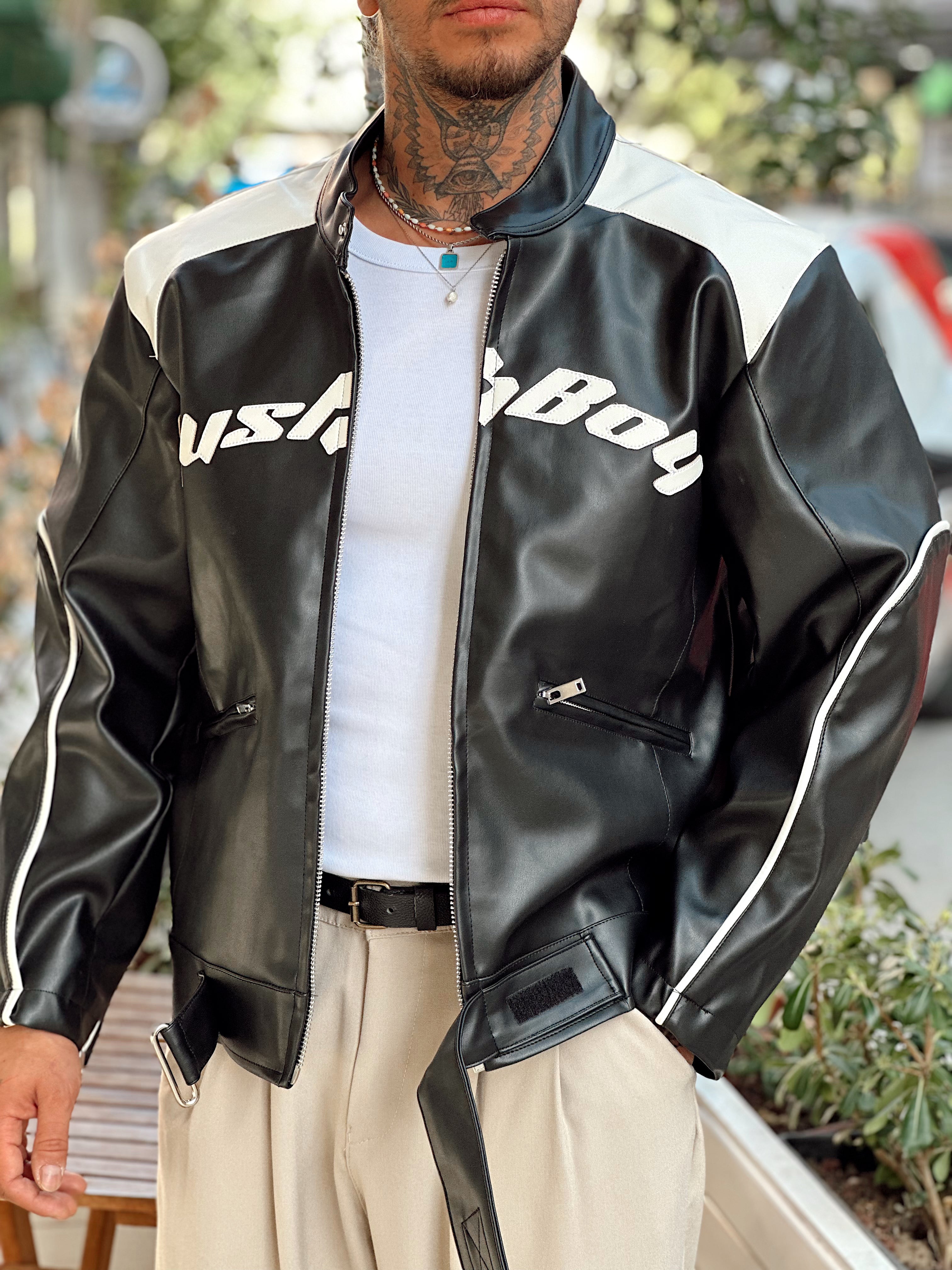 MC4055 - Önü Yazılı Kemer Detaylı Deri Ceket siyah