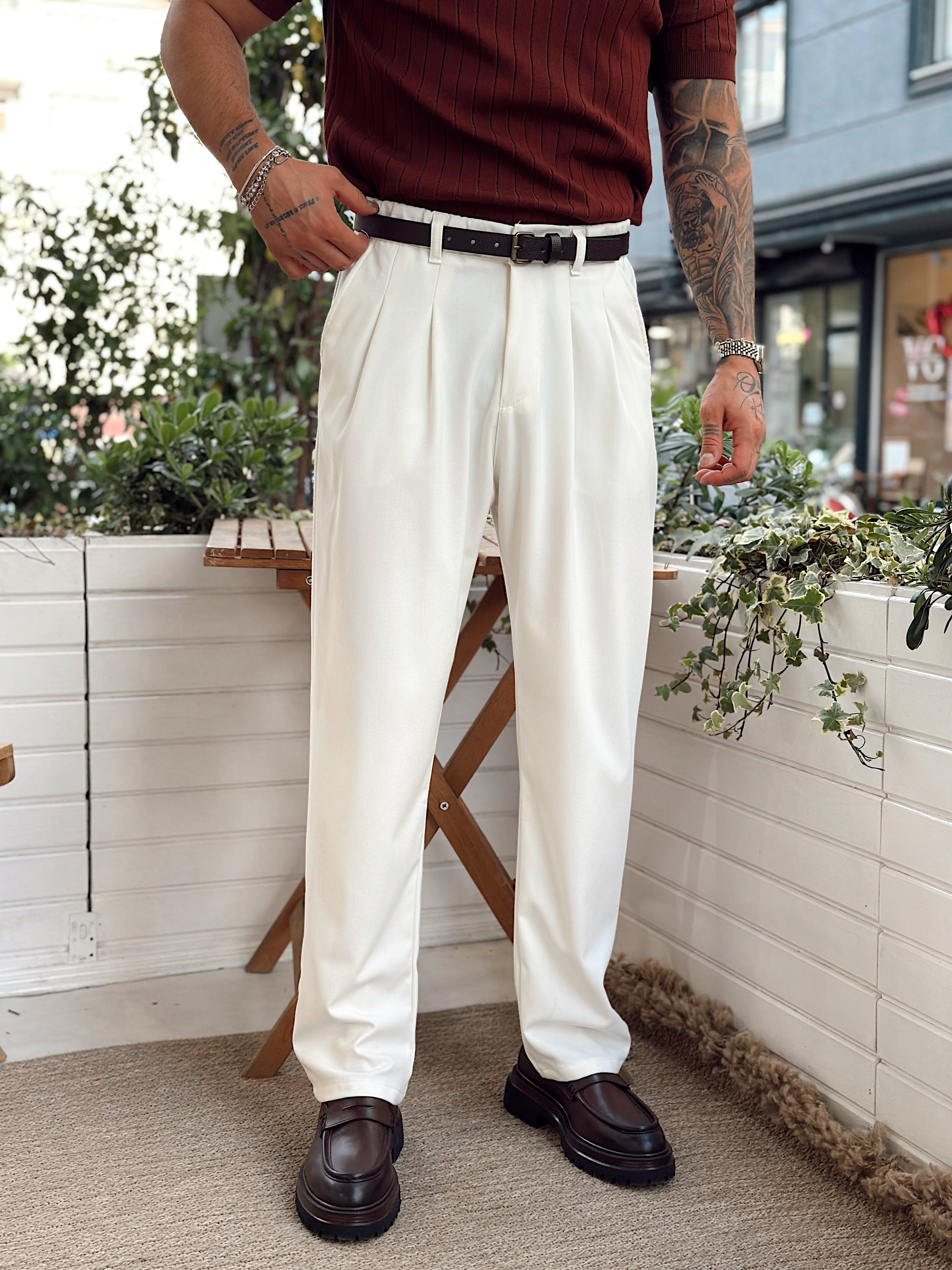 MP2879 - Pileli Baggy Kumaş Pantolon beyaz
