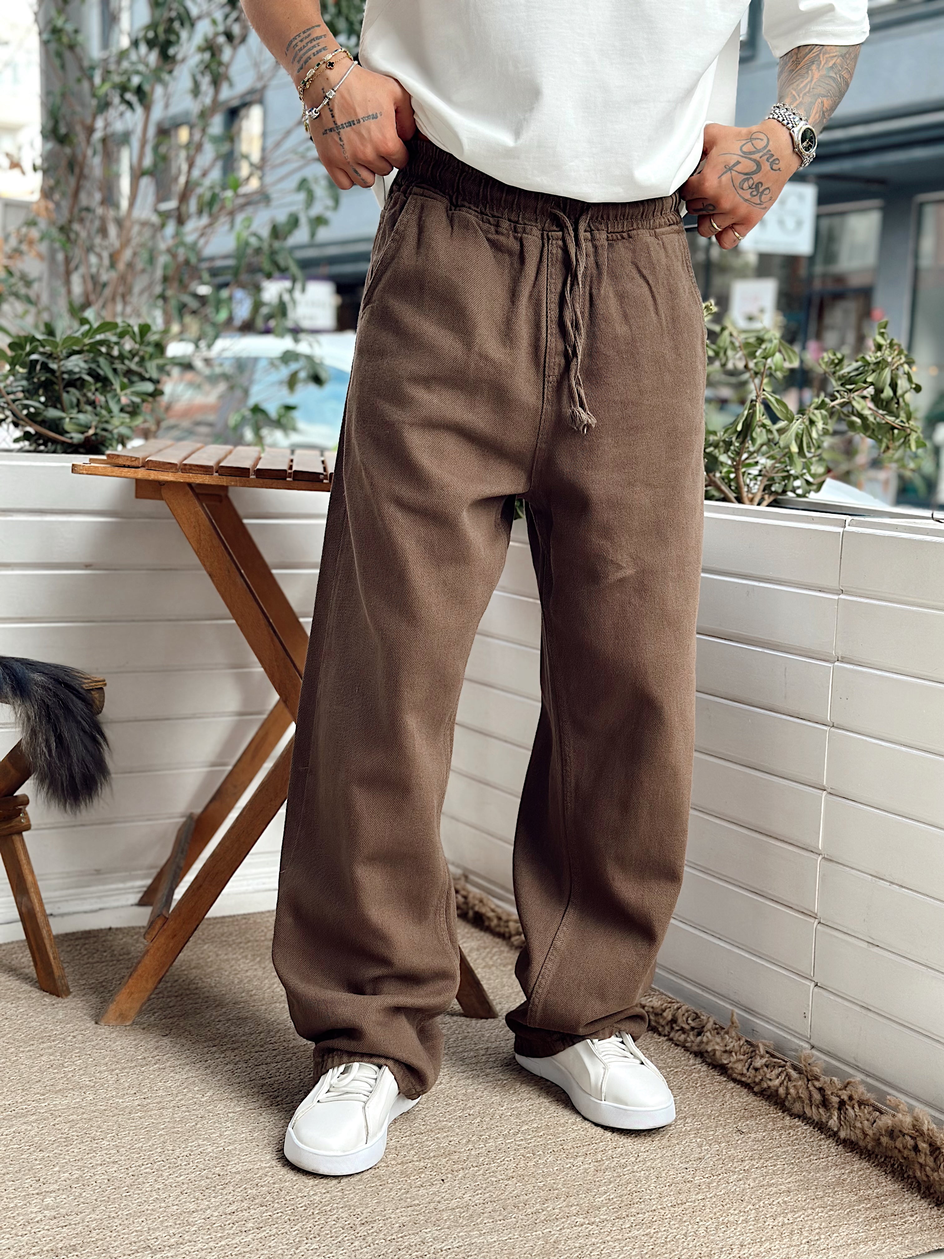 MP4081 - Beli İpli Baggy Gabardin Pantolon kahve