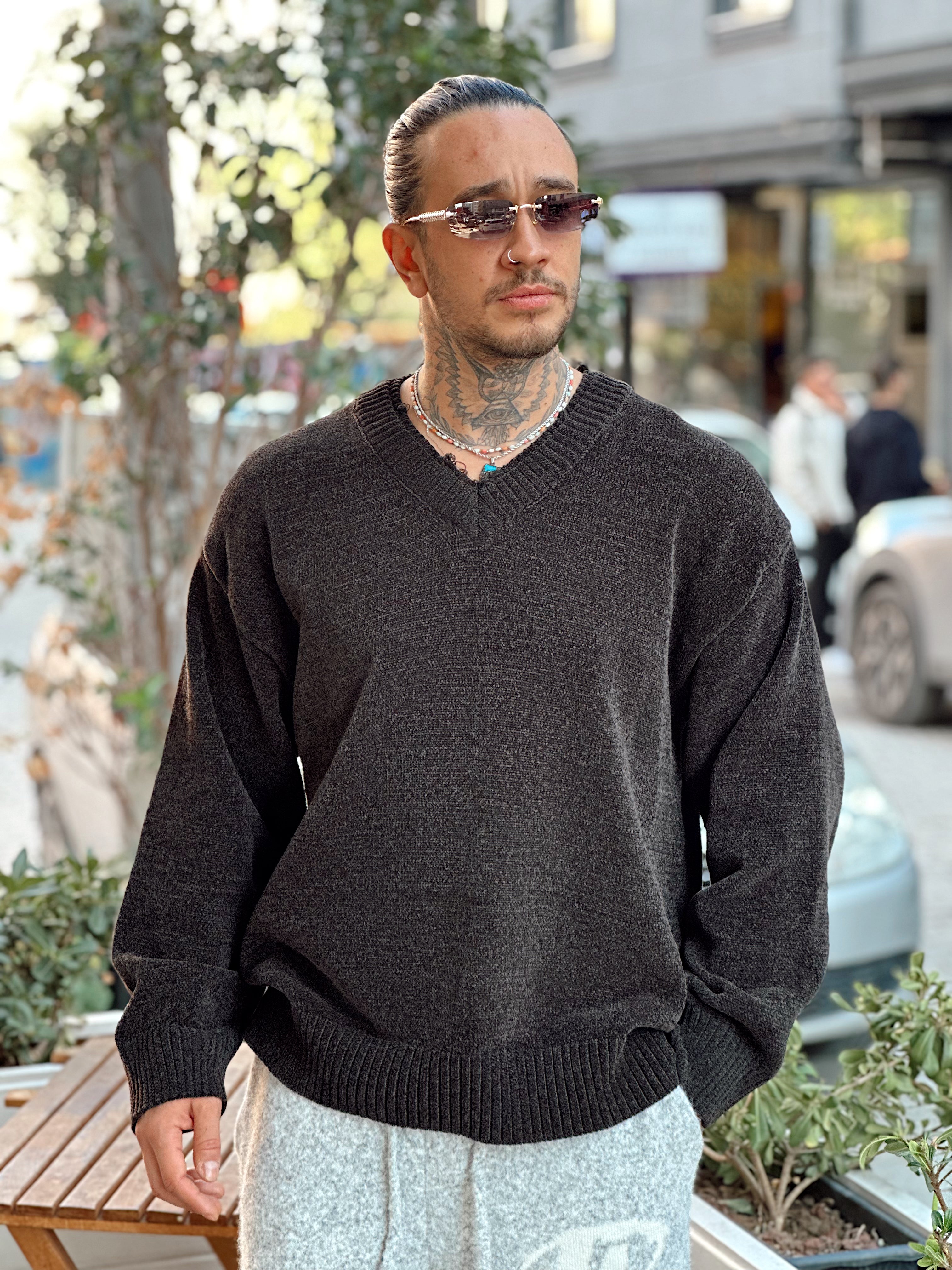 MS4049 - Çift V Yaka Örme Sweatshirt siyah