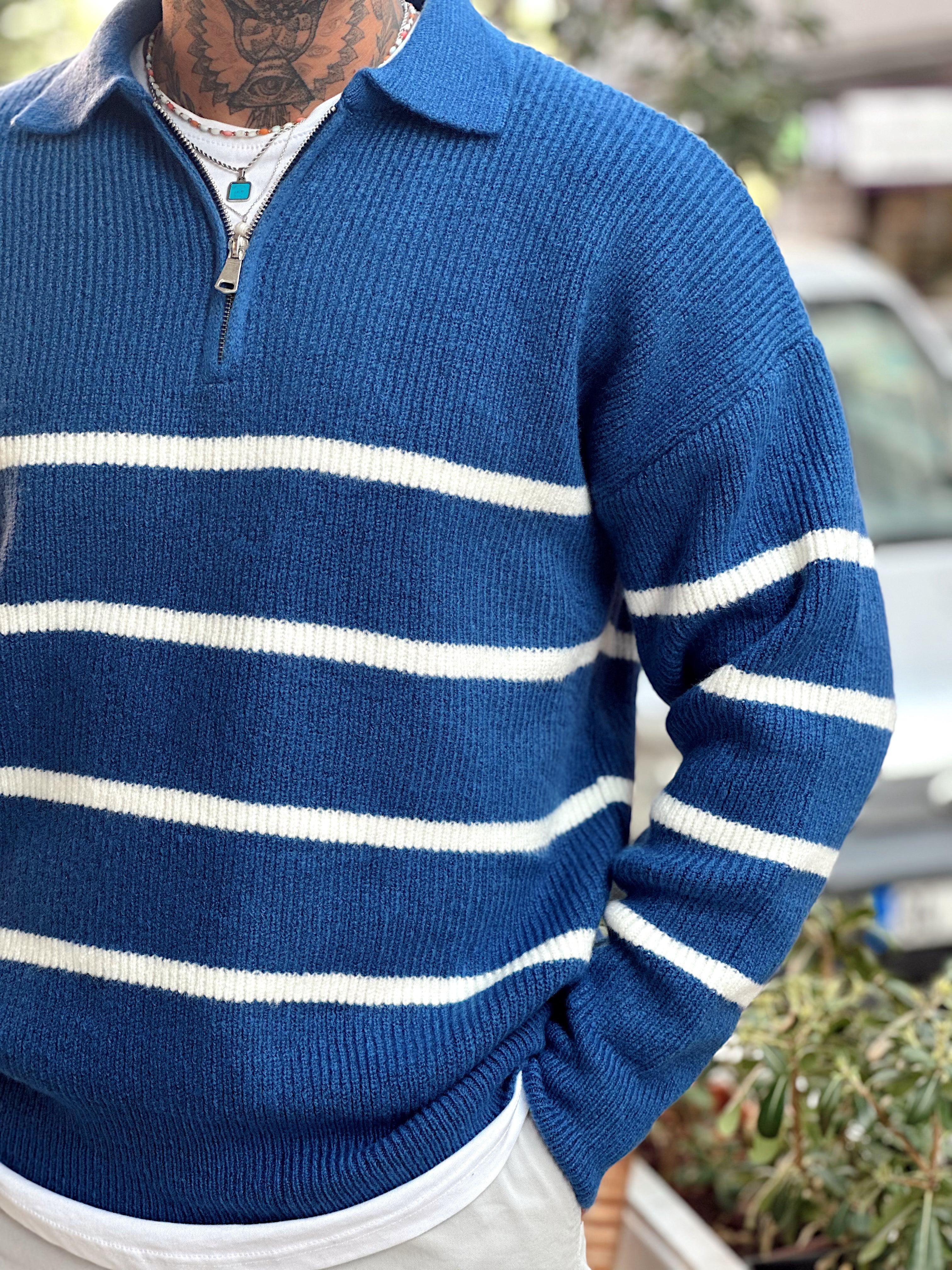 MS4052 - Çizgili Yakası Fermuarlı Polo Yaka Triko Mavi-Beyaz