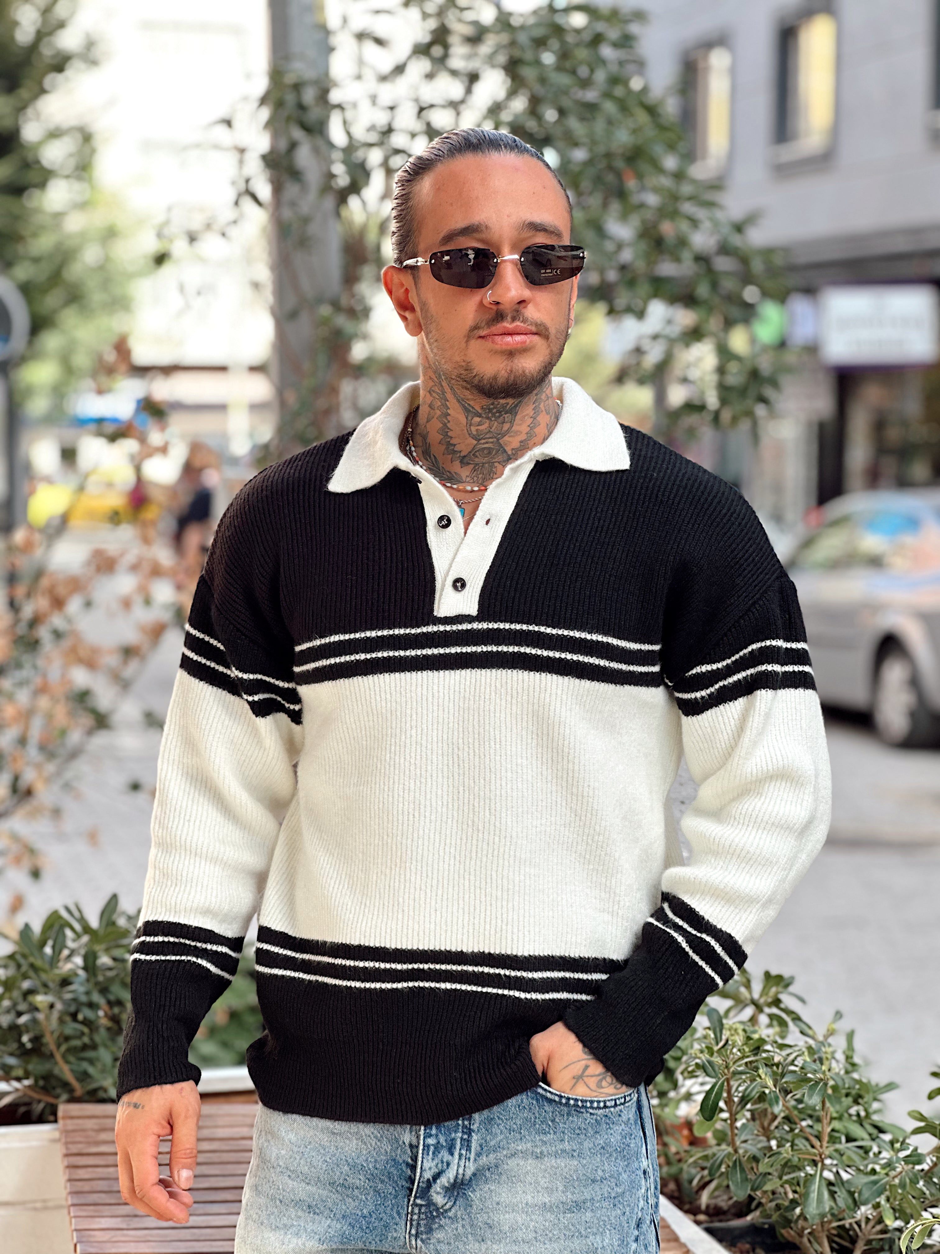 MS4037 - Çift Renk Vanc Triko Polo Yaka Siyah