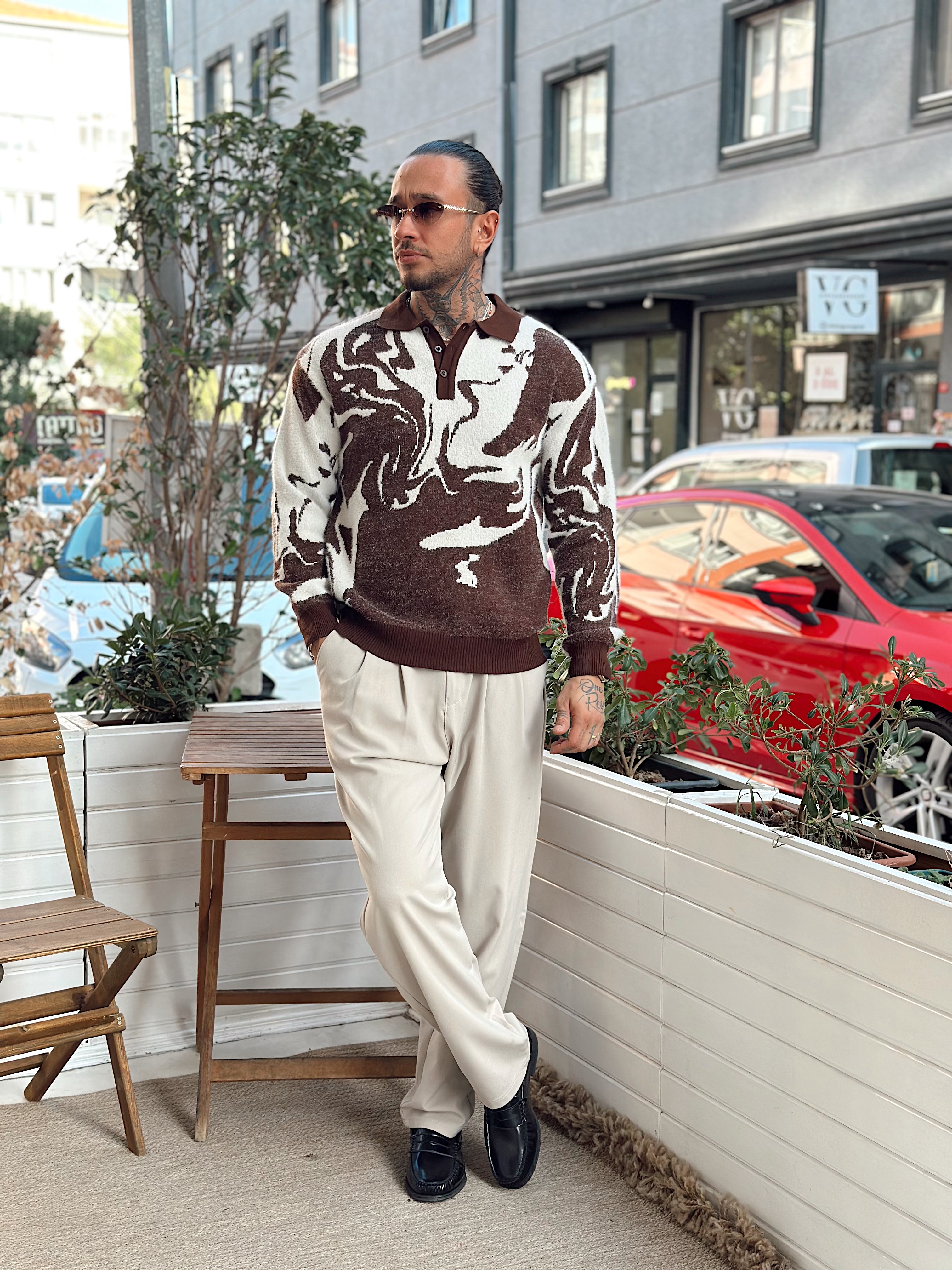 MS4054 - Karışık Desenli Triko Polo Yaka Sweatshirt kahve