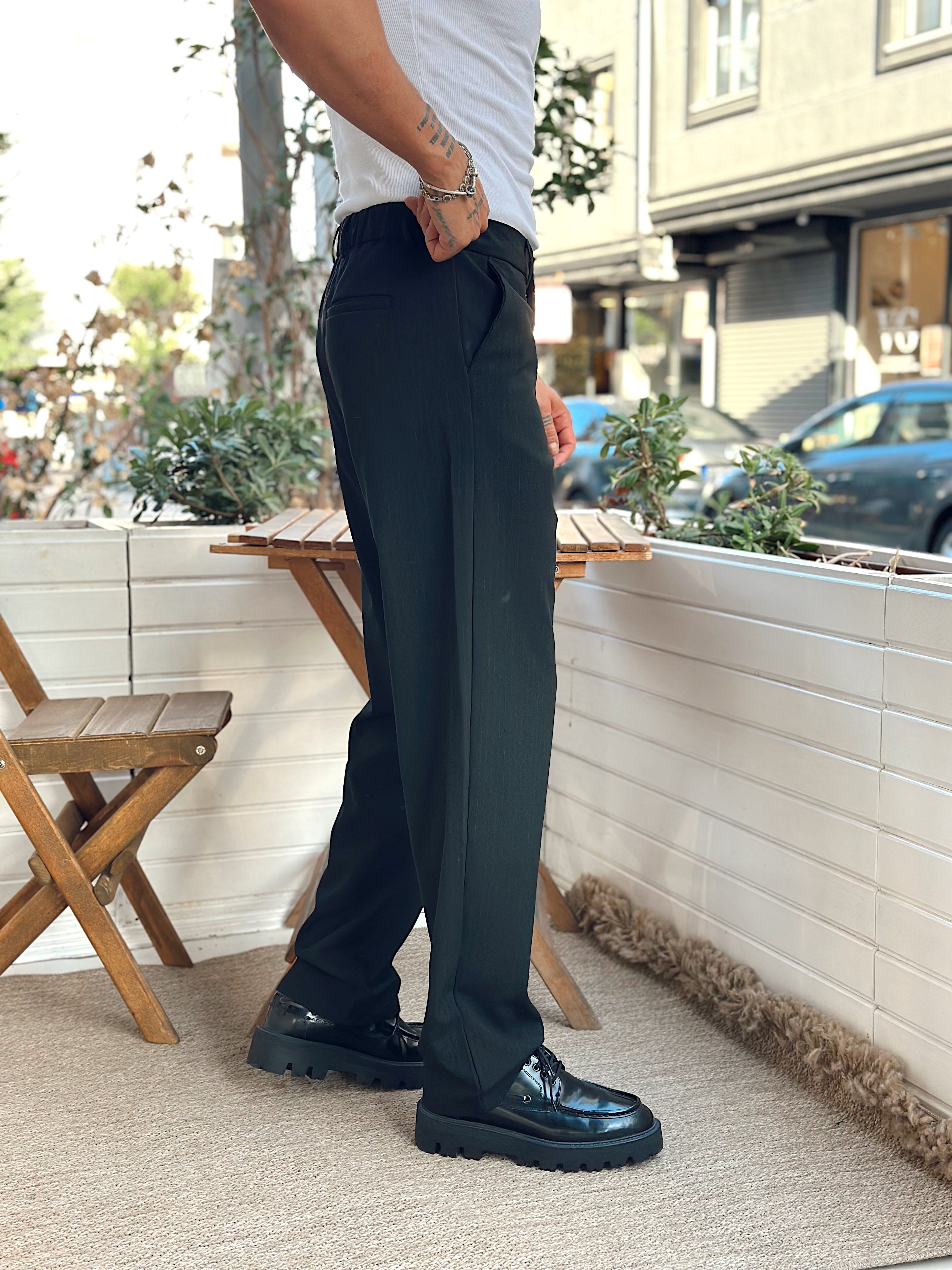 MP3208 - Çizgili Baggy Kumaş Pantolon siyah