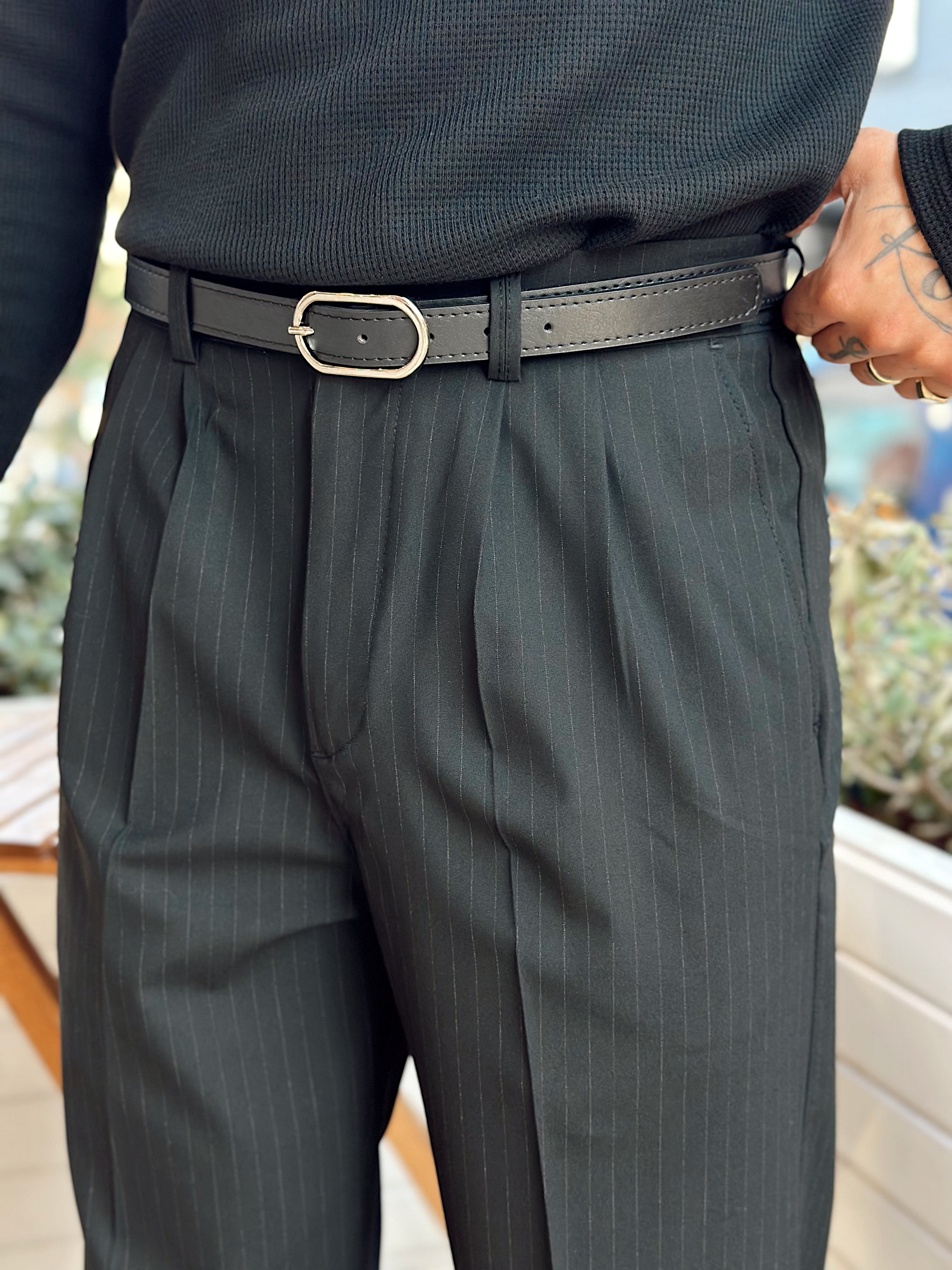 MP4098 - Giesto Çift Pileli Çizgili Baggy Kumaş Pantolon siyah