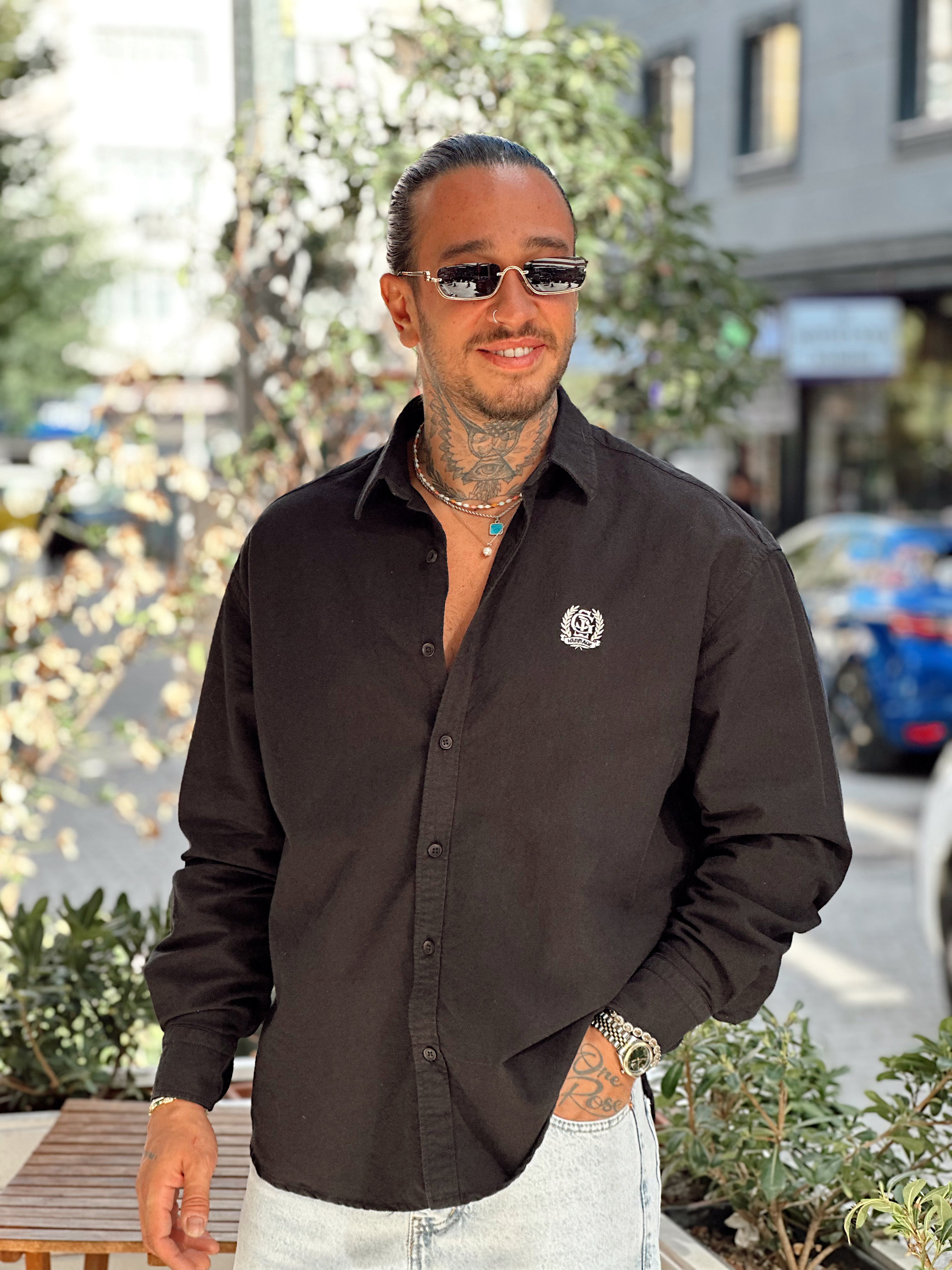 MG4018 - Oxford Göğüs Nakışlı Gömlek siyah