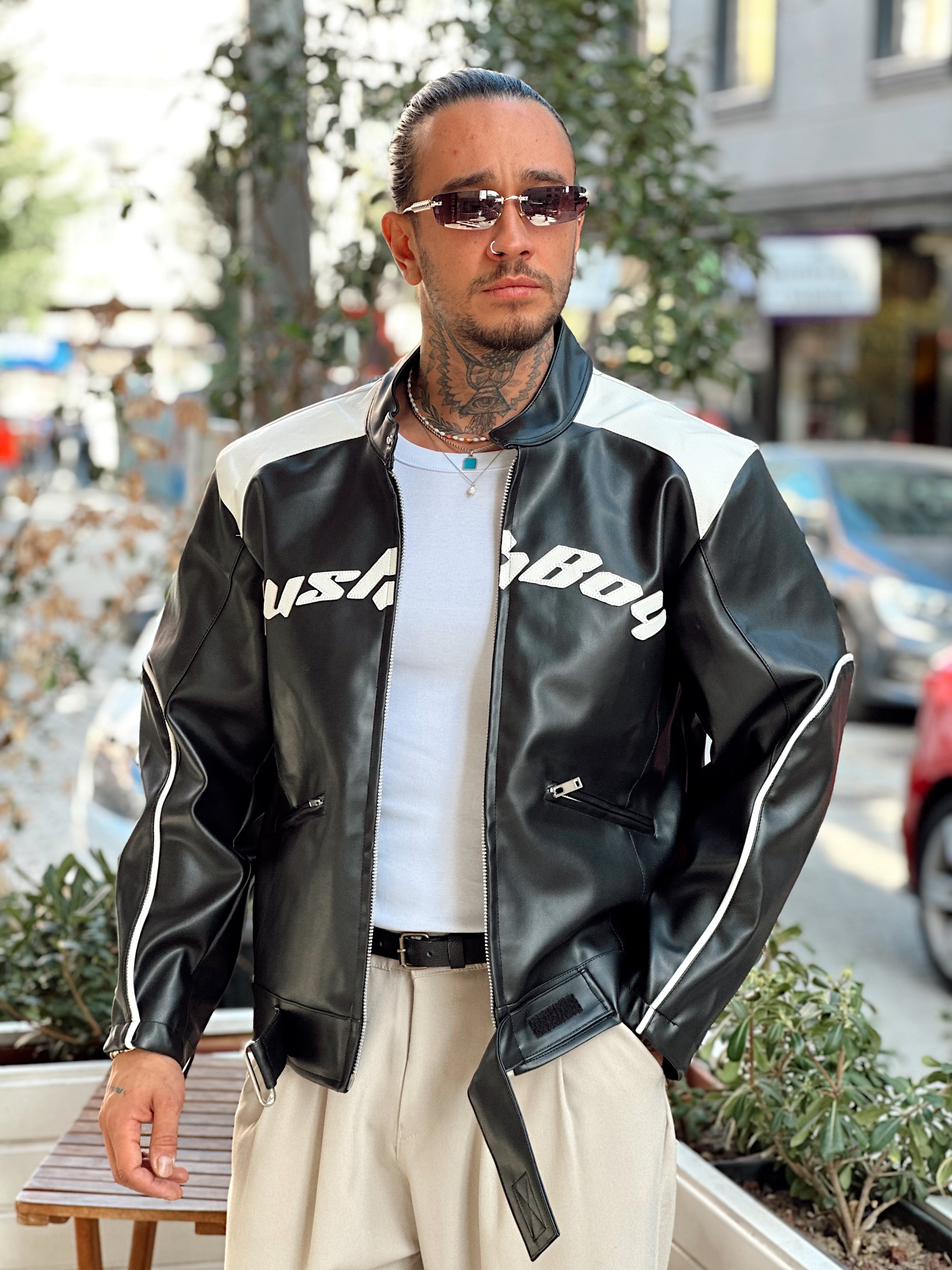 MC4055 - Önü Yazılı Kemer Detaylı Deri Ceket siyah