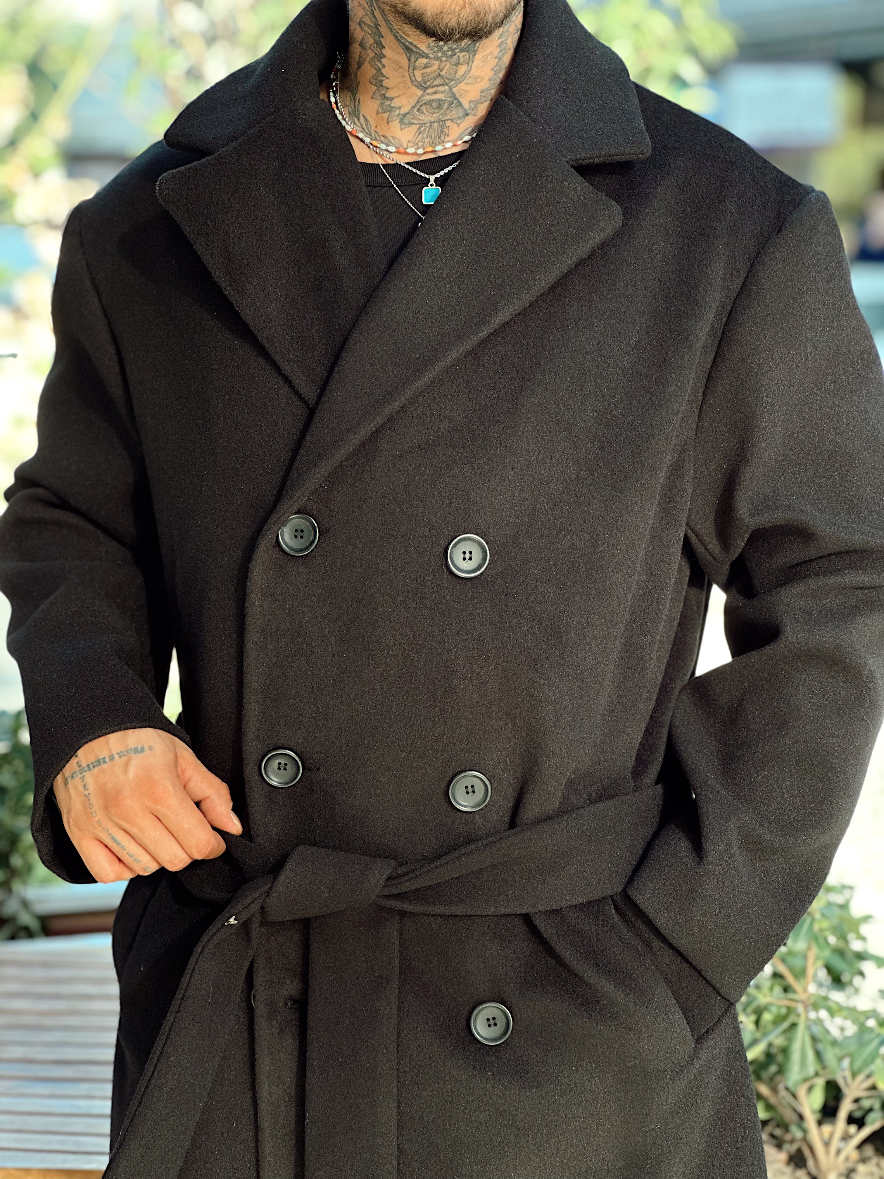 MM4044 - Giesto Oversize Kuşaklı Kaşe Kaban siyah