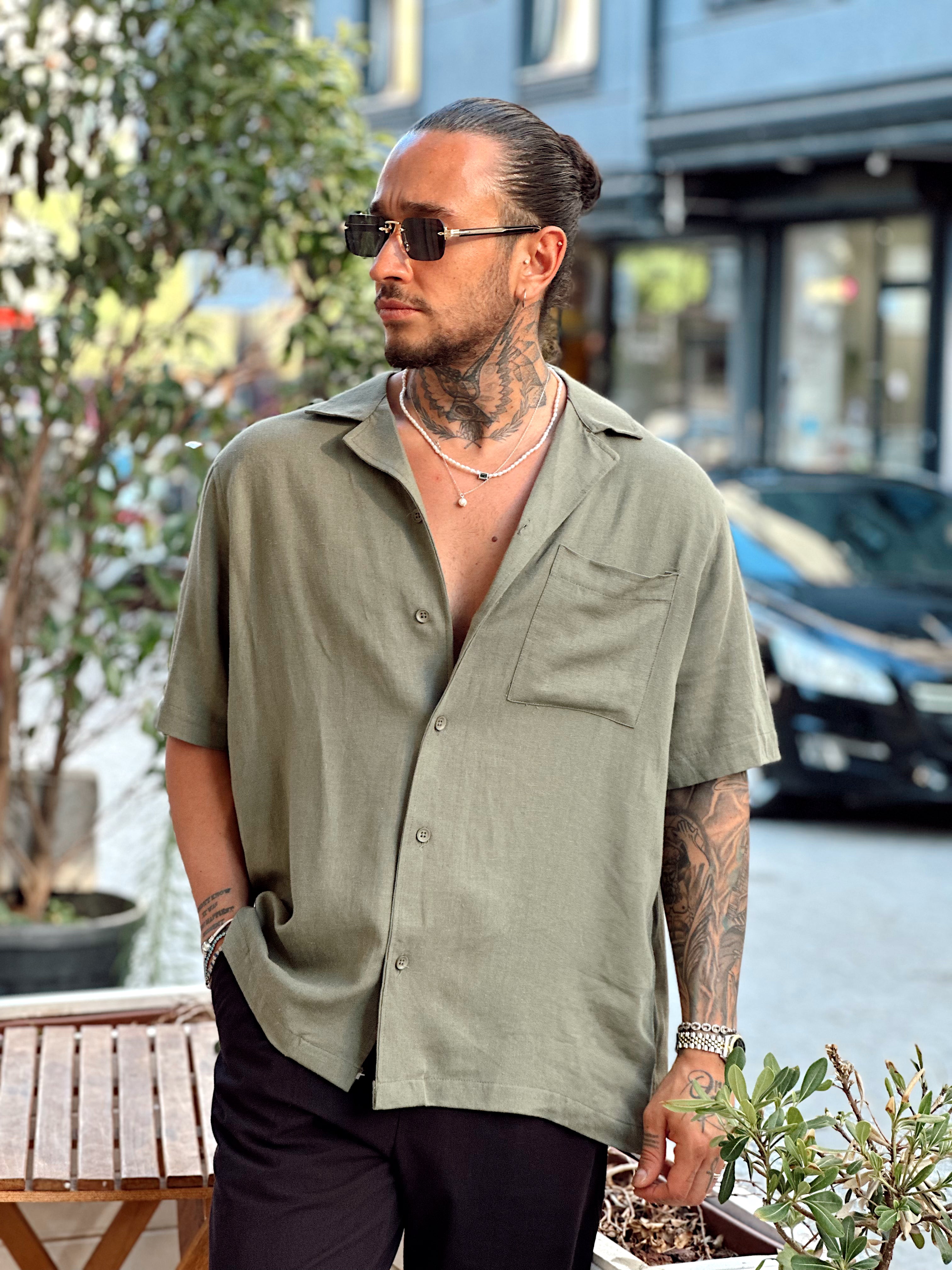MG3078 -Tek Cepli Kısa Kollu Oversize Keten Gömlek yeşil