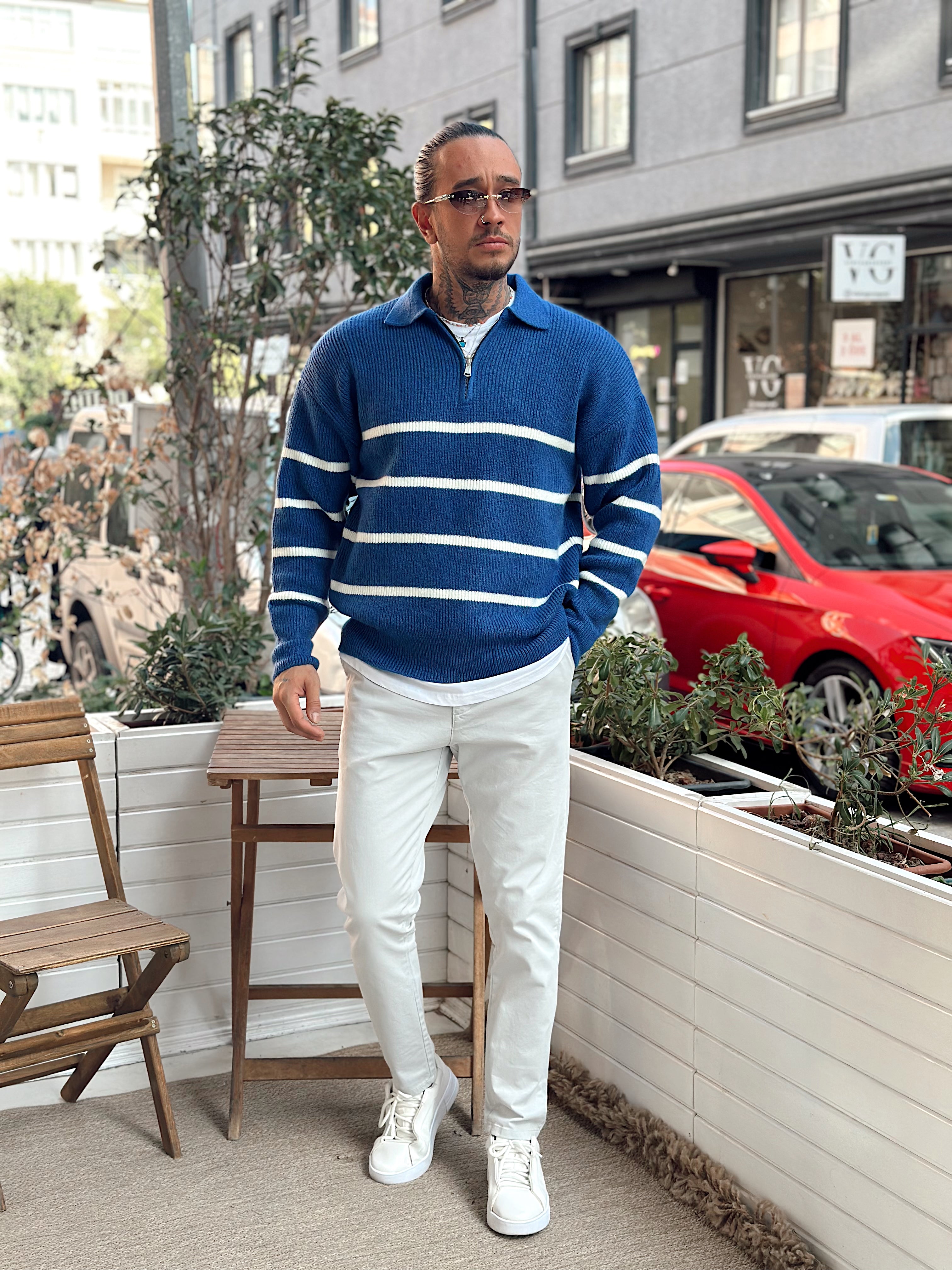 MS4052 - Çizgili Yakası Fermuarlı Polo Yaka Triko Mavi-Beyaz