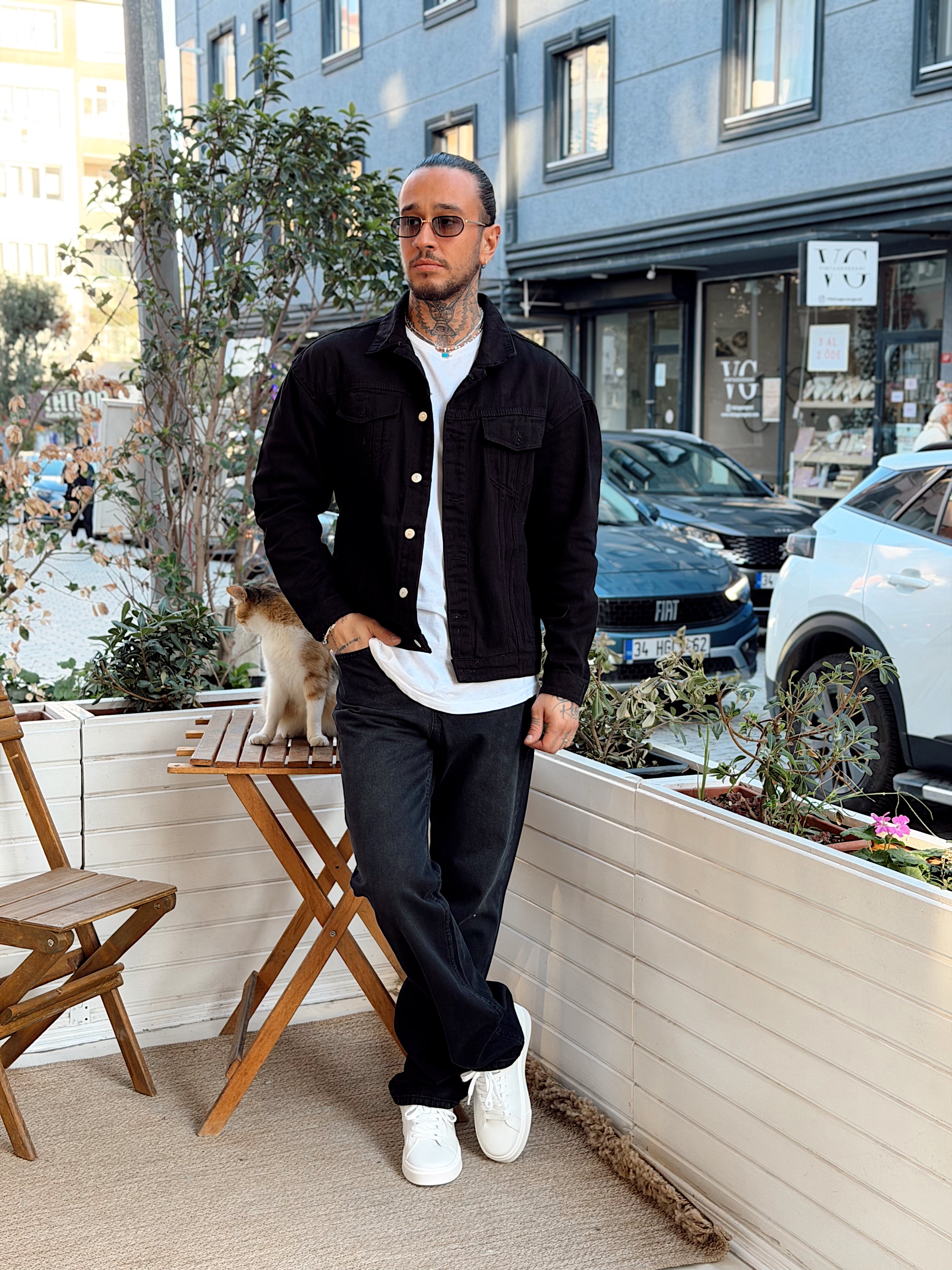 MC4100 - Sırt Şimşek Baskılı Regular Ceket siyah