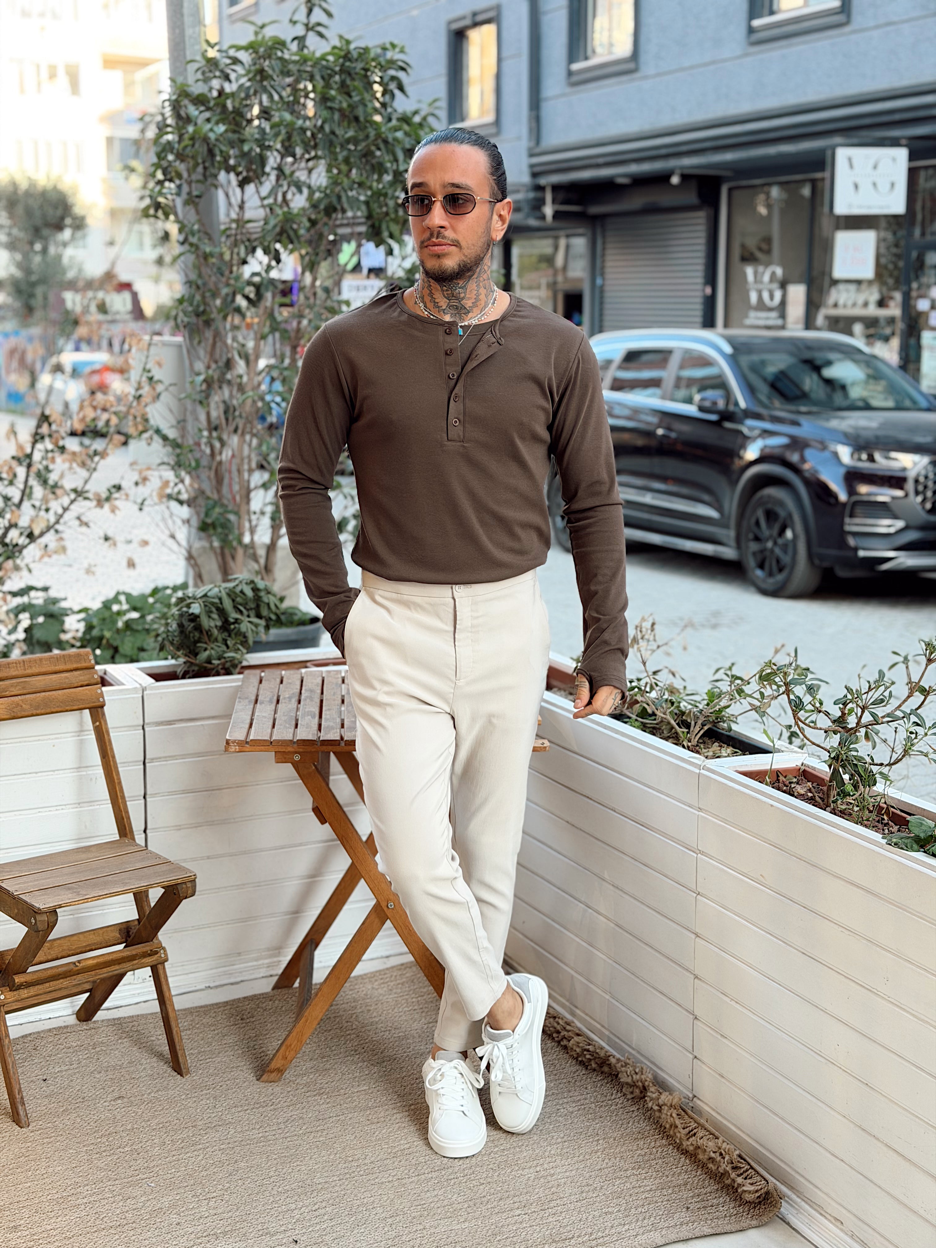 MS4134 - Çift Katmanlı Yakası Düğmeli Sweatshirt kahve