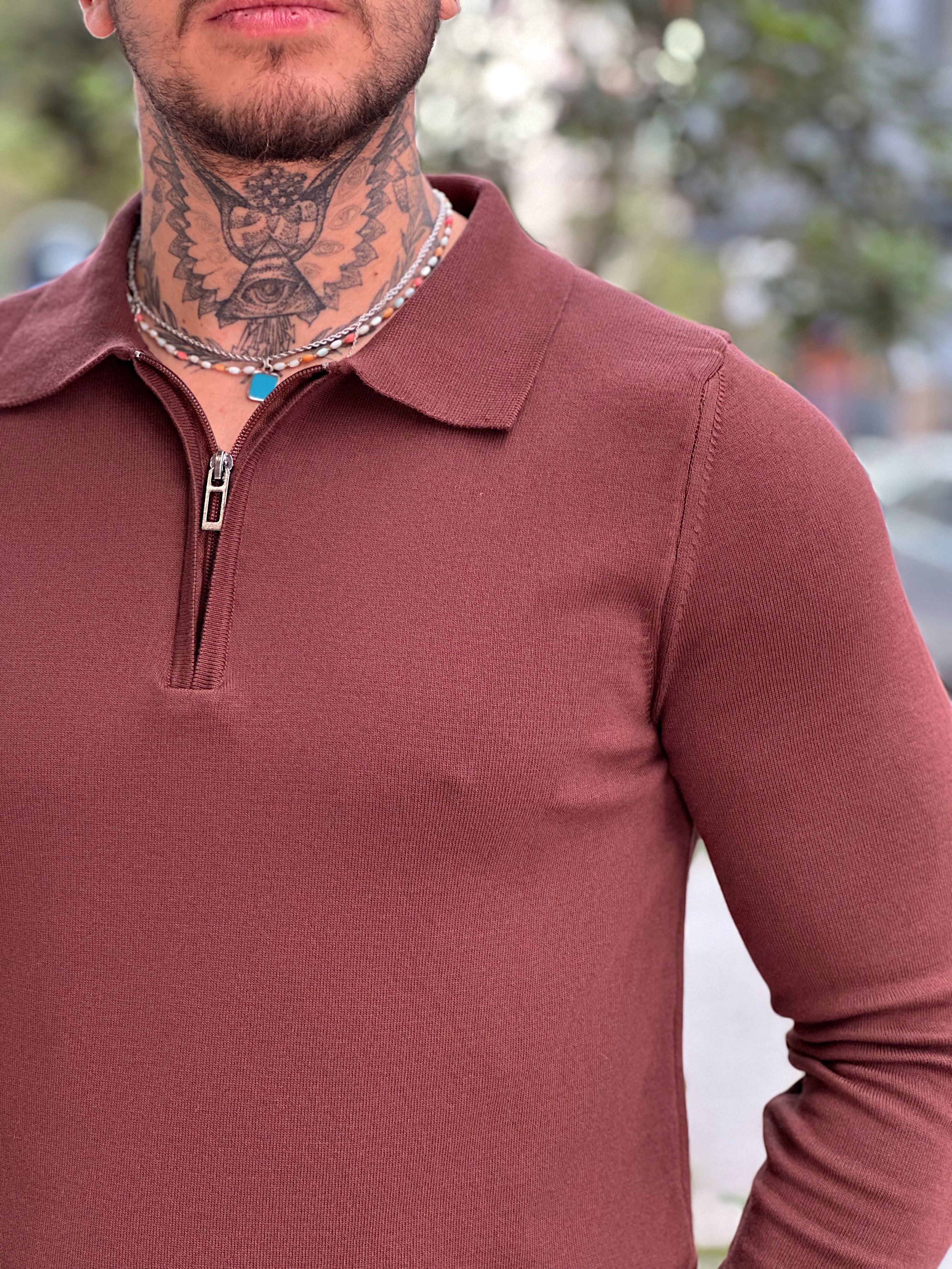 MS4089 - Yakası Fermuarlı Basic Sweatshirt kahve