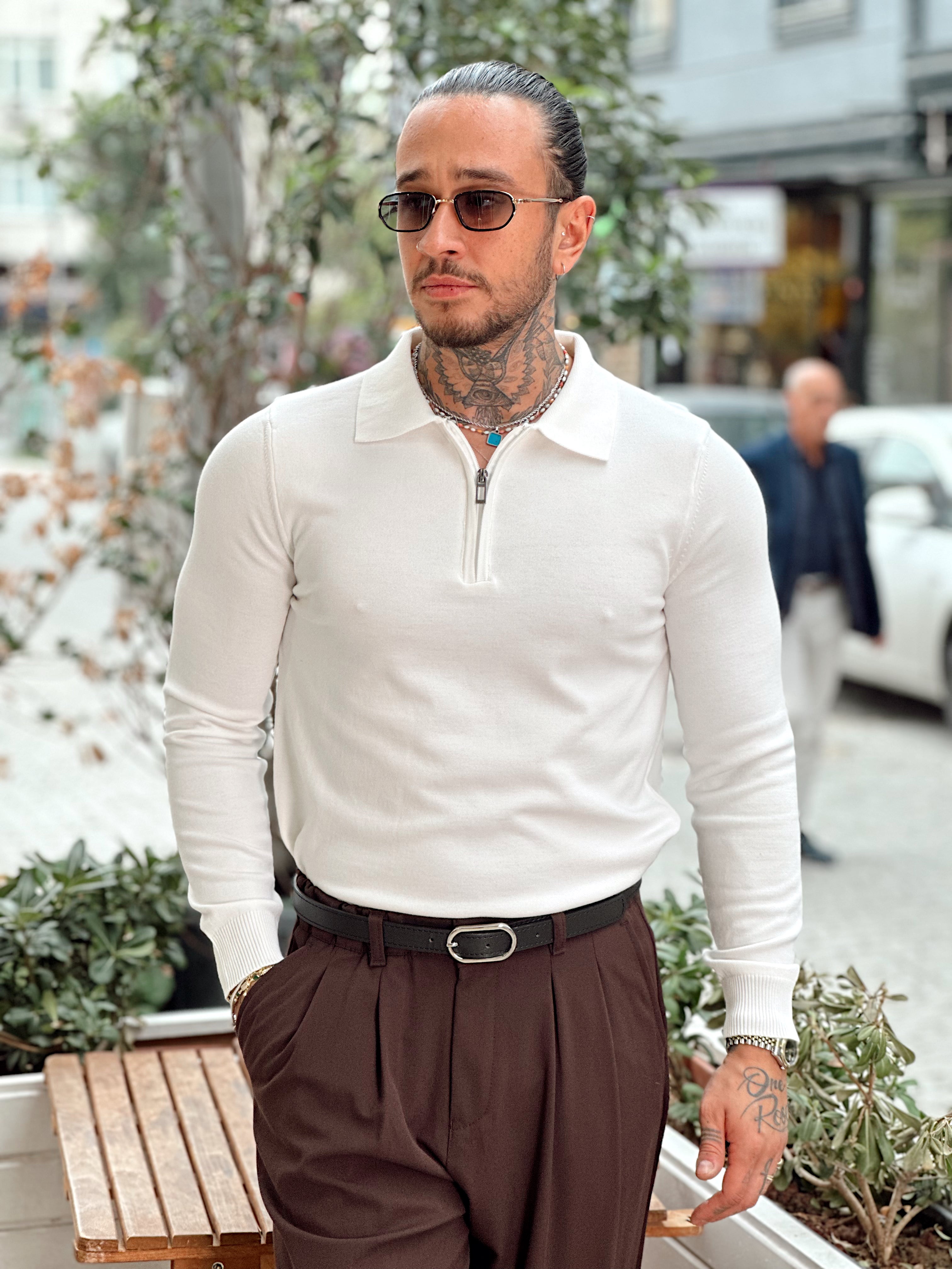 MS4089 - Yakası Fermuarlı Basic Sweatshirt beyaz