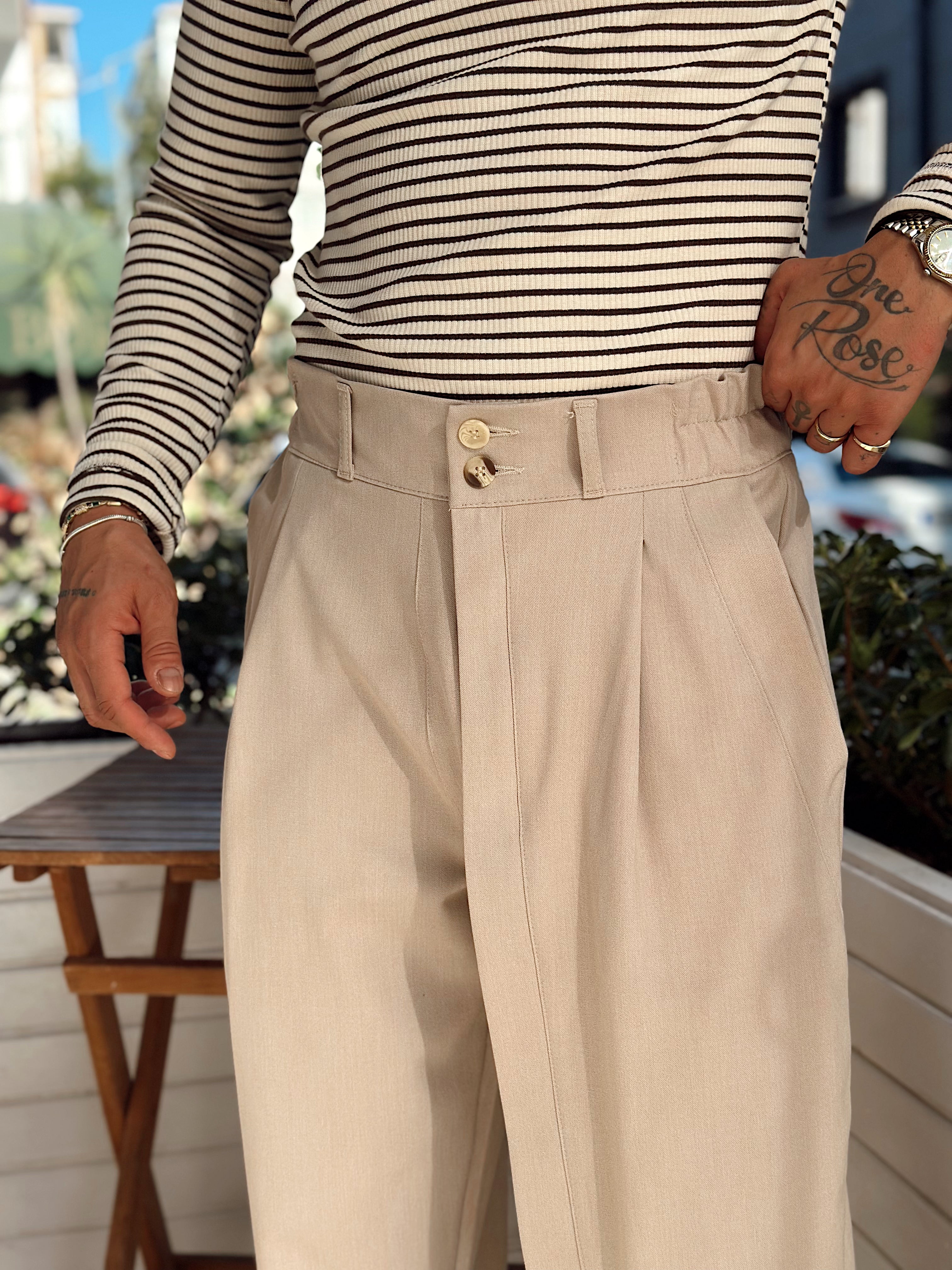 MP4040 - Çift Düğmeli Full Patlı Baggy Pantolon krem