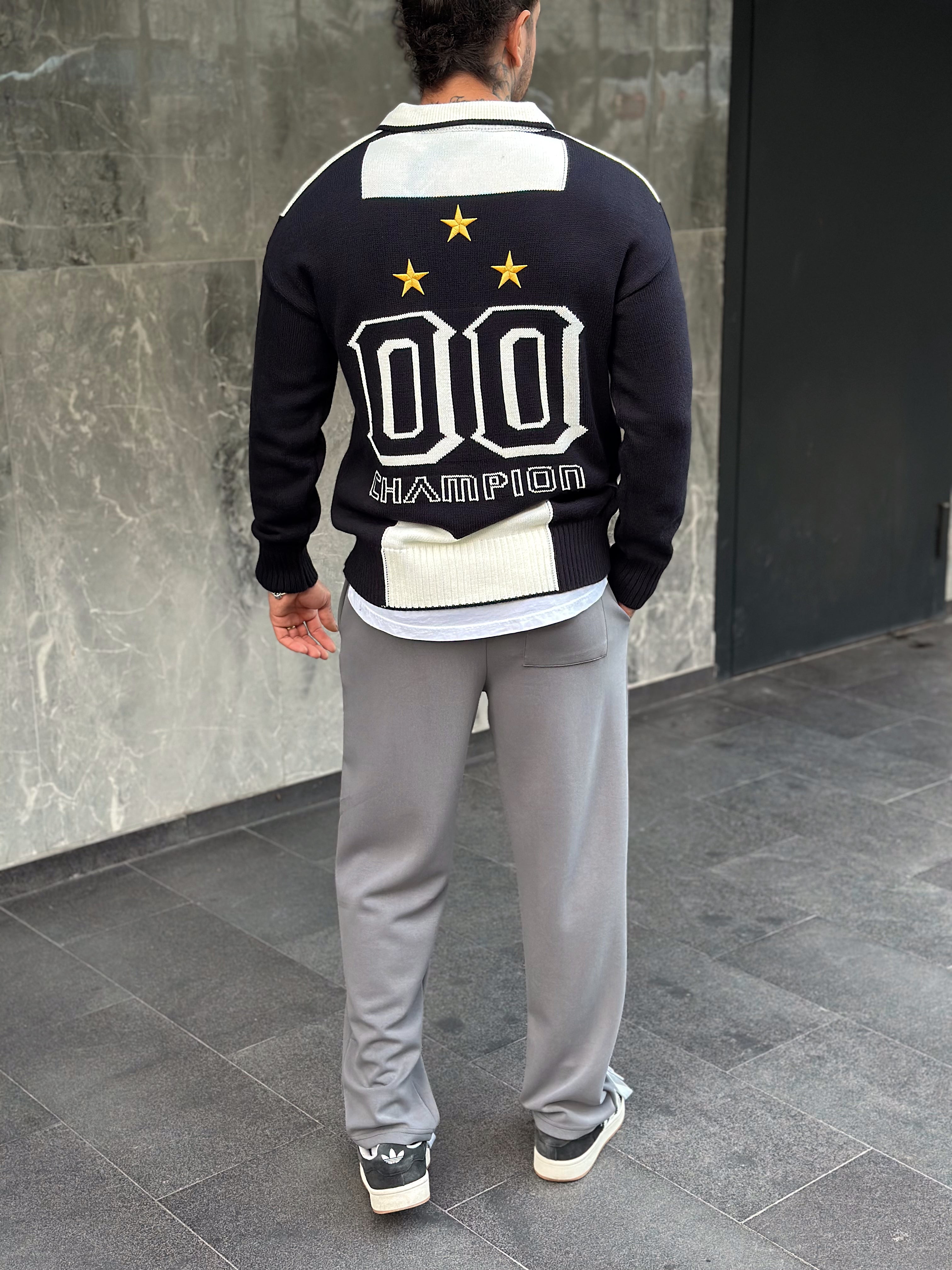 MS2414 -Ön Arka Baskılı Nakışlı Polo Yaka Sweatshirt