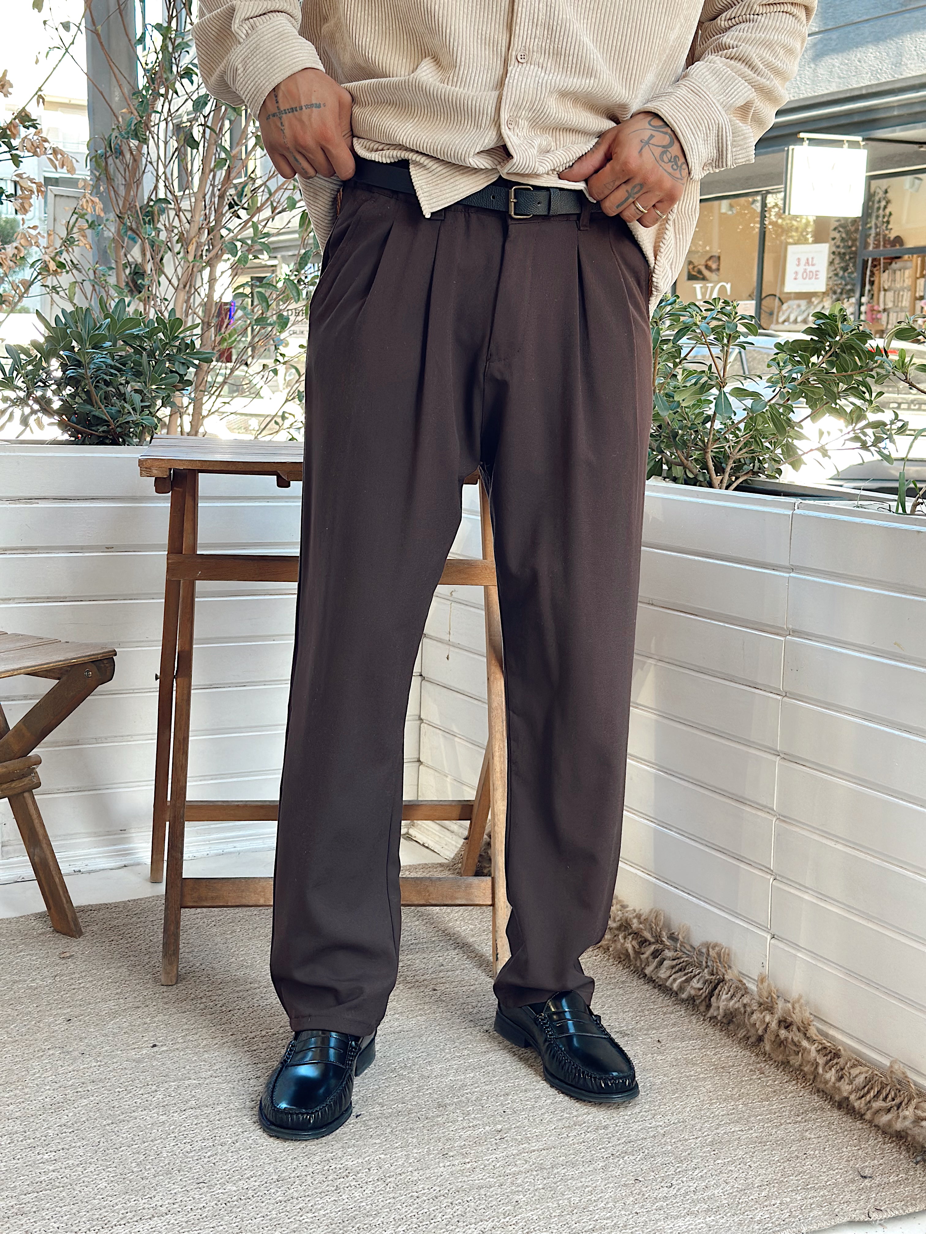 MP4030 - Pileli Baggy Kumaş Pantolon kahve