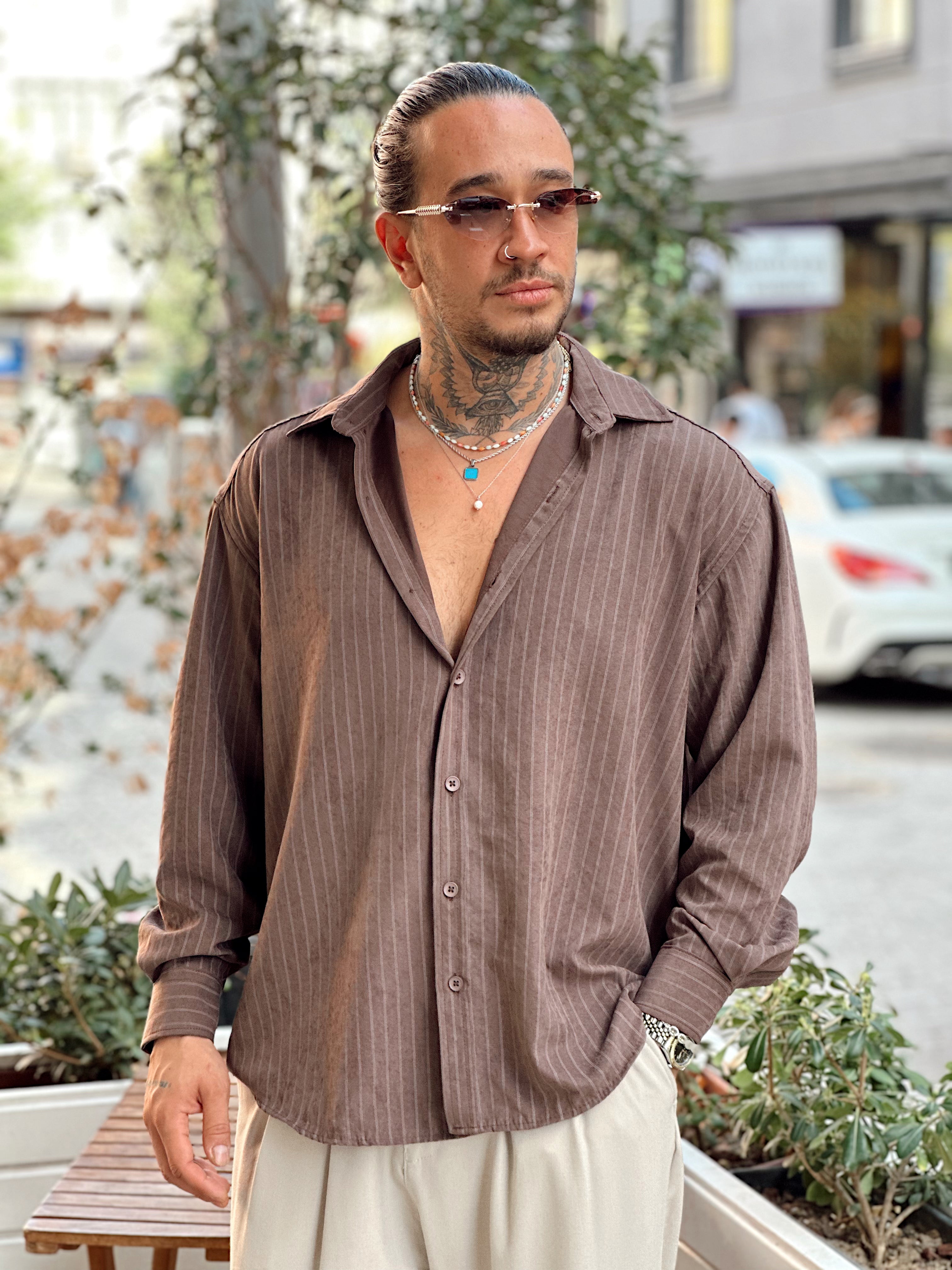 MG4009 - Oversize Çizgili Modal Gömlek Kahve