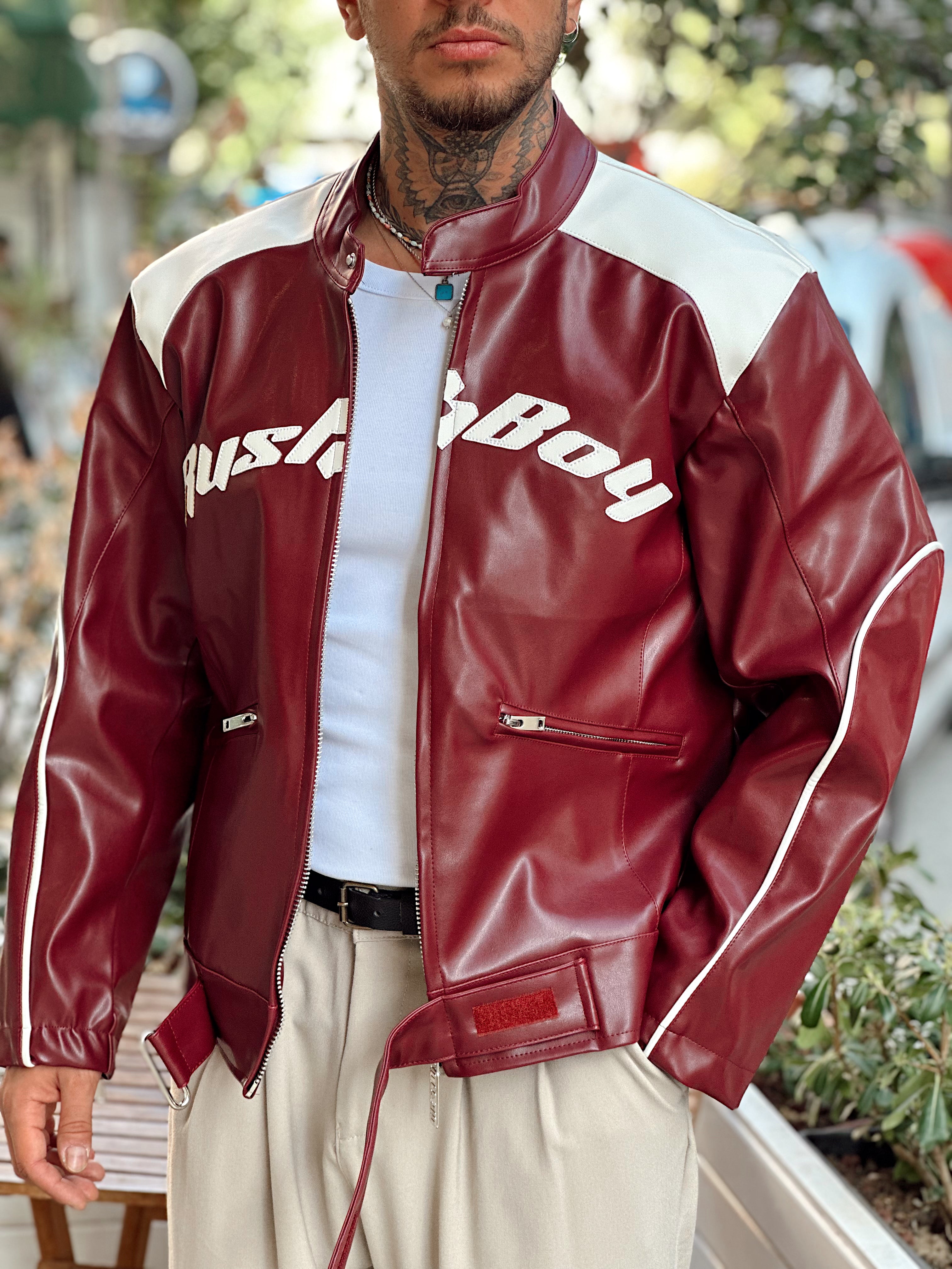 MC4055 - Önü Yazılı Kemer Detaylı Deri Ceket Bordo