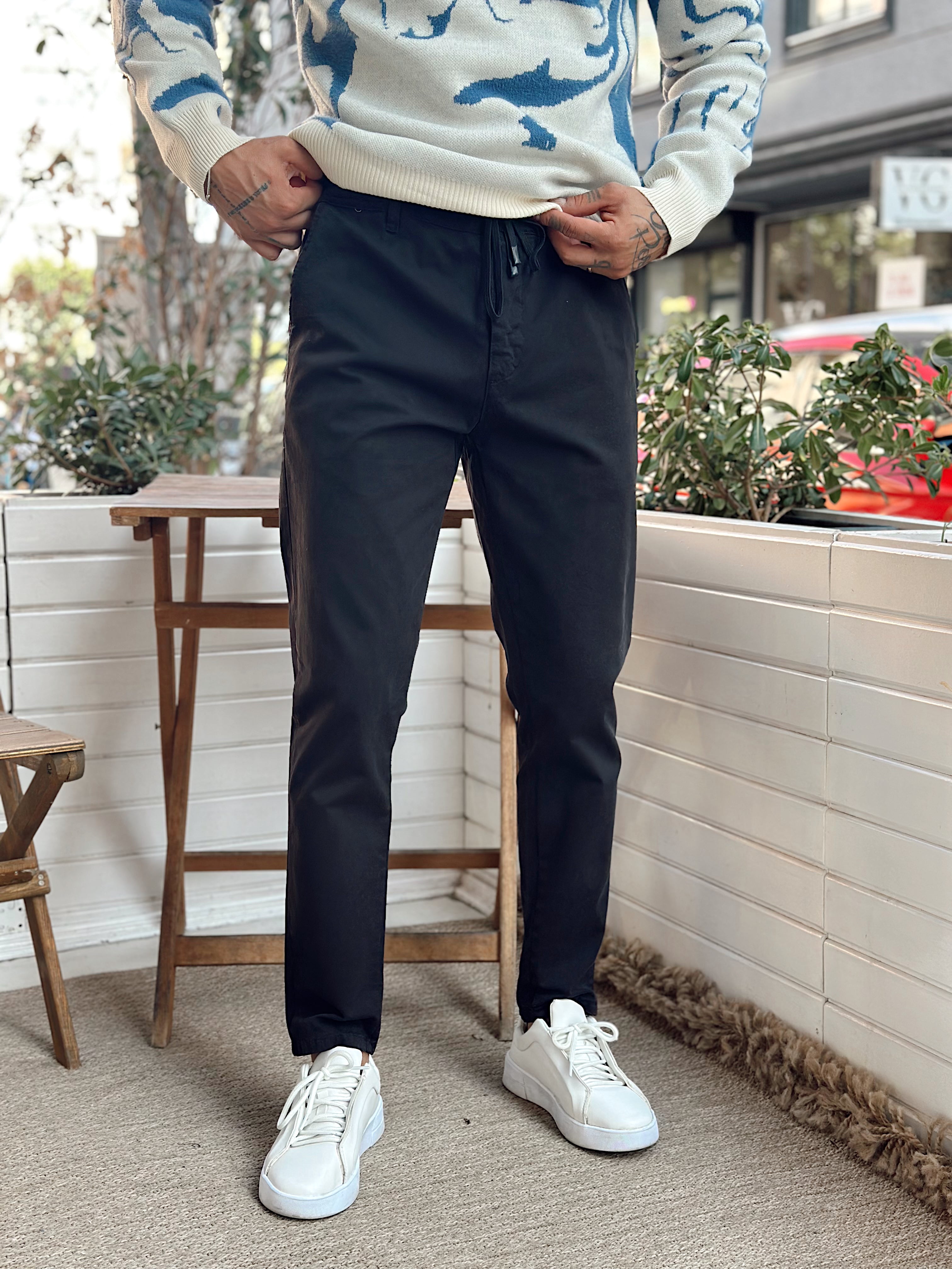 MP4048 - İtalyan Kesim Beli İpli Gabardin Pantolon Siyah