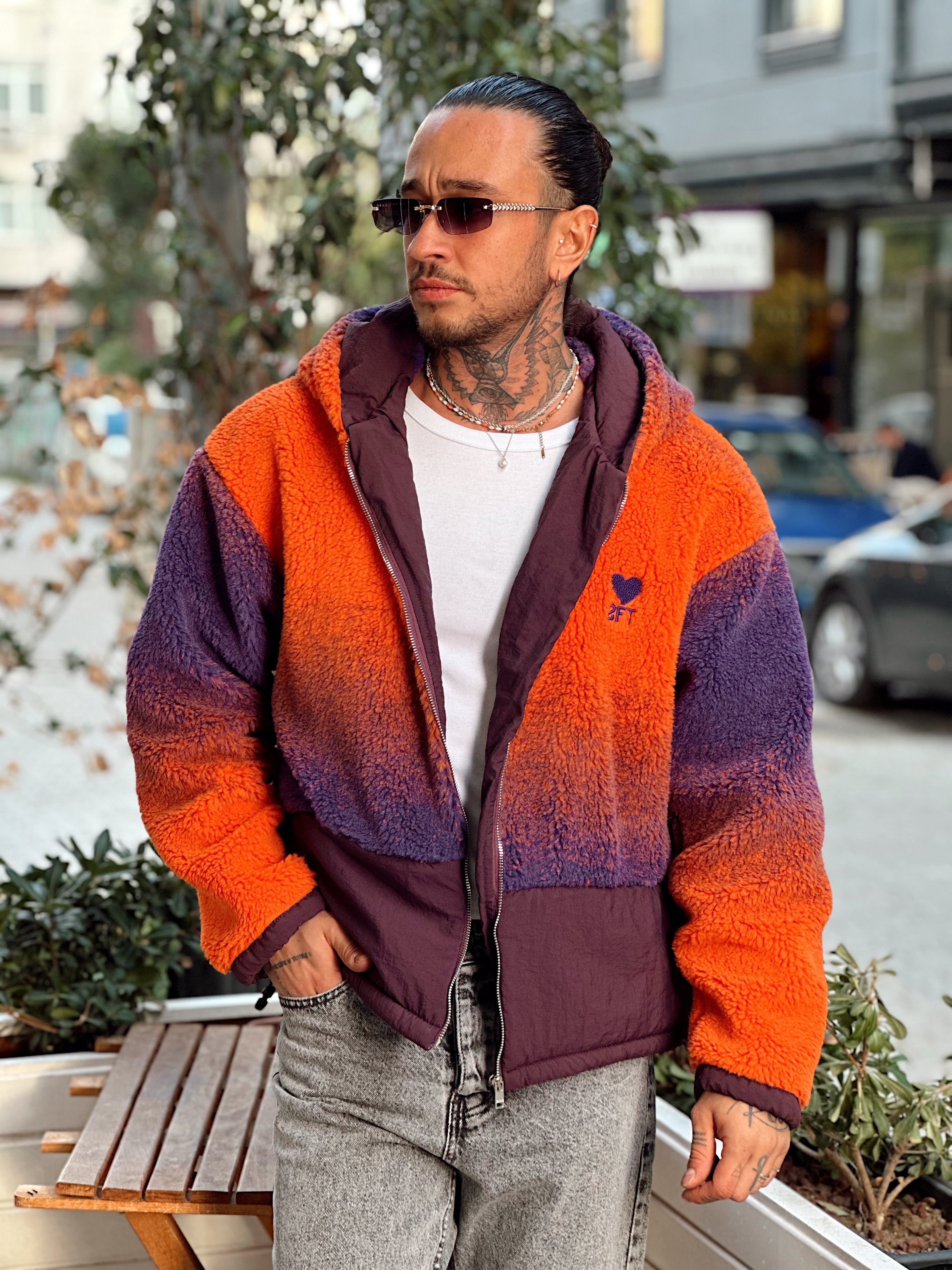 MC4079 - Çift Renk Kapüşonlu Peluş Ceket Renkli