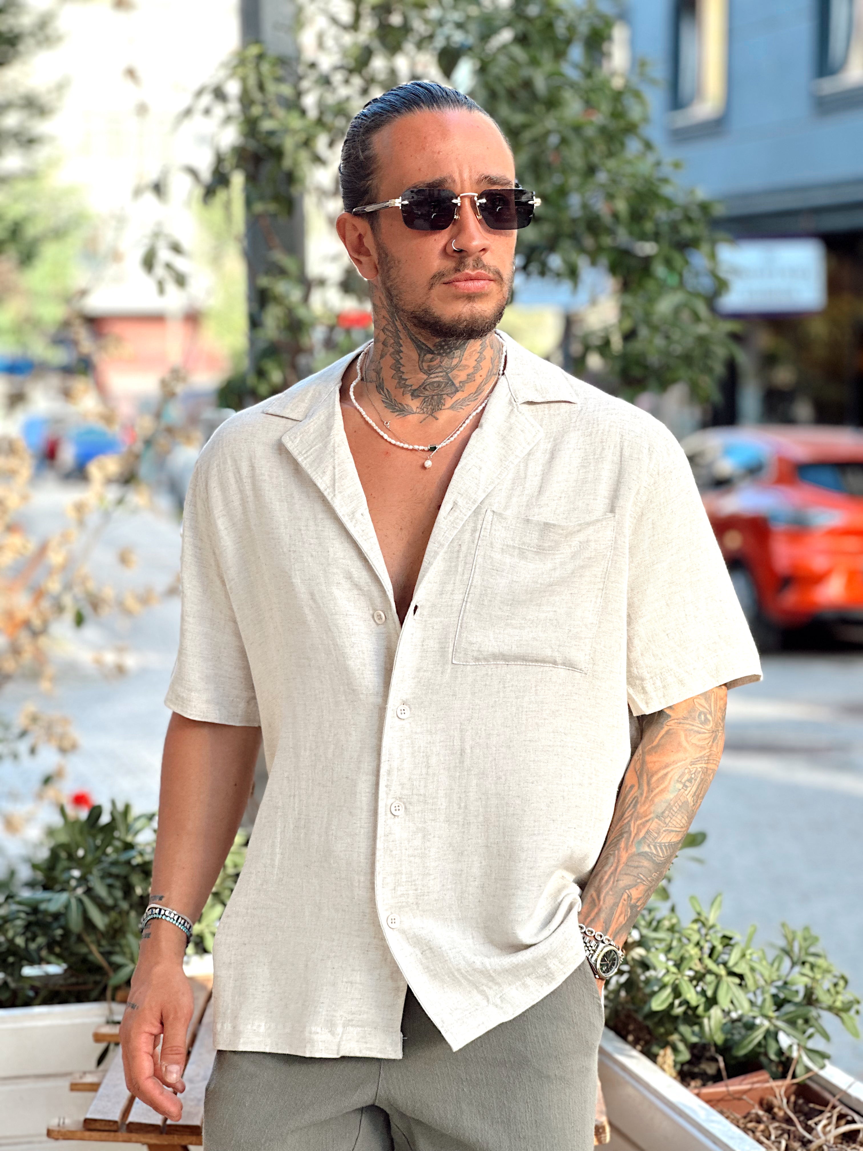 MG3076 -Tek Cepli Kısa Kollu Oversize Keten Gömlek krem