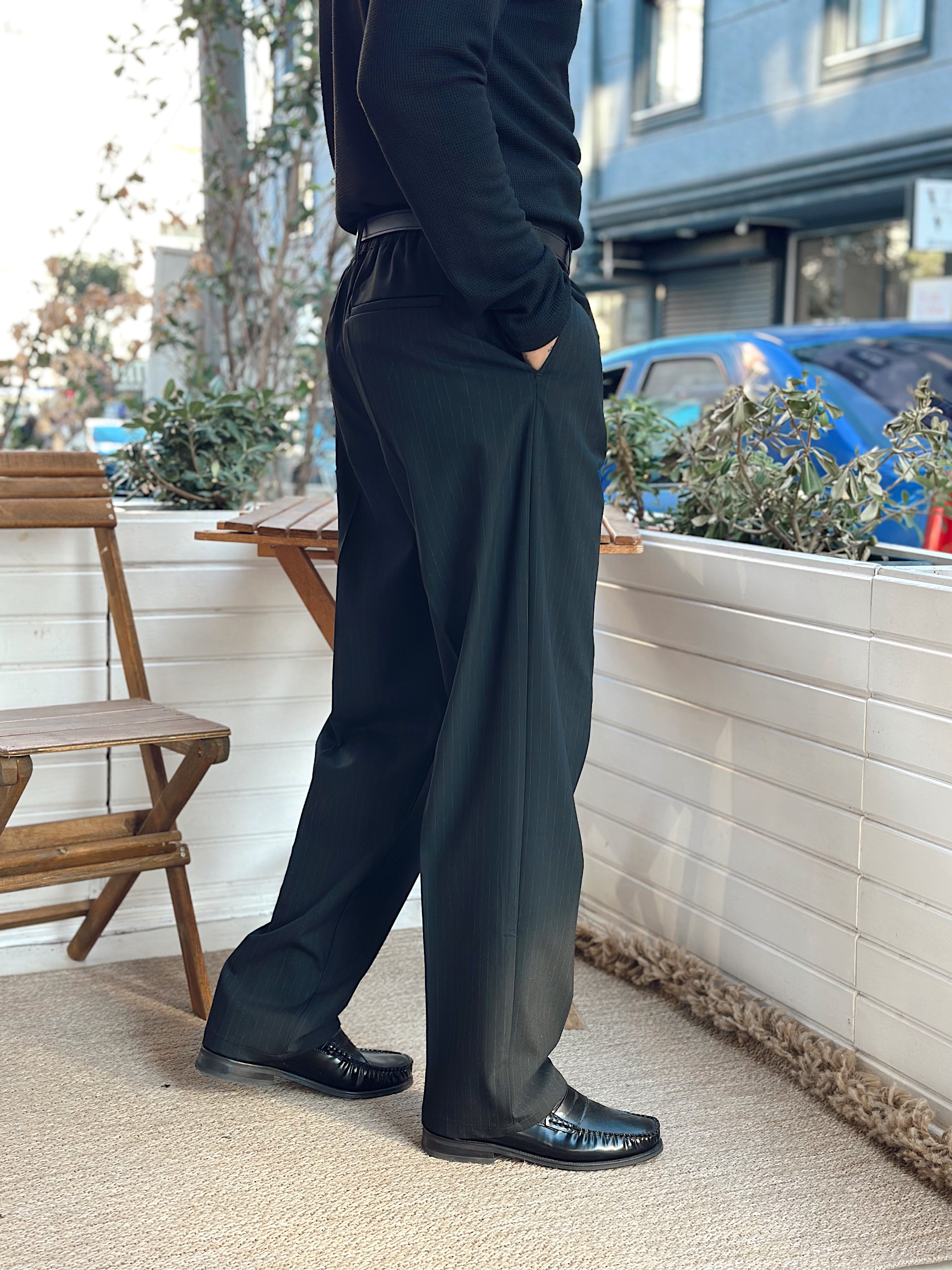 MP4098 - Giesto Çift Pileli Çizgili Baggy Kumaş Pantolon siyah