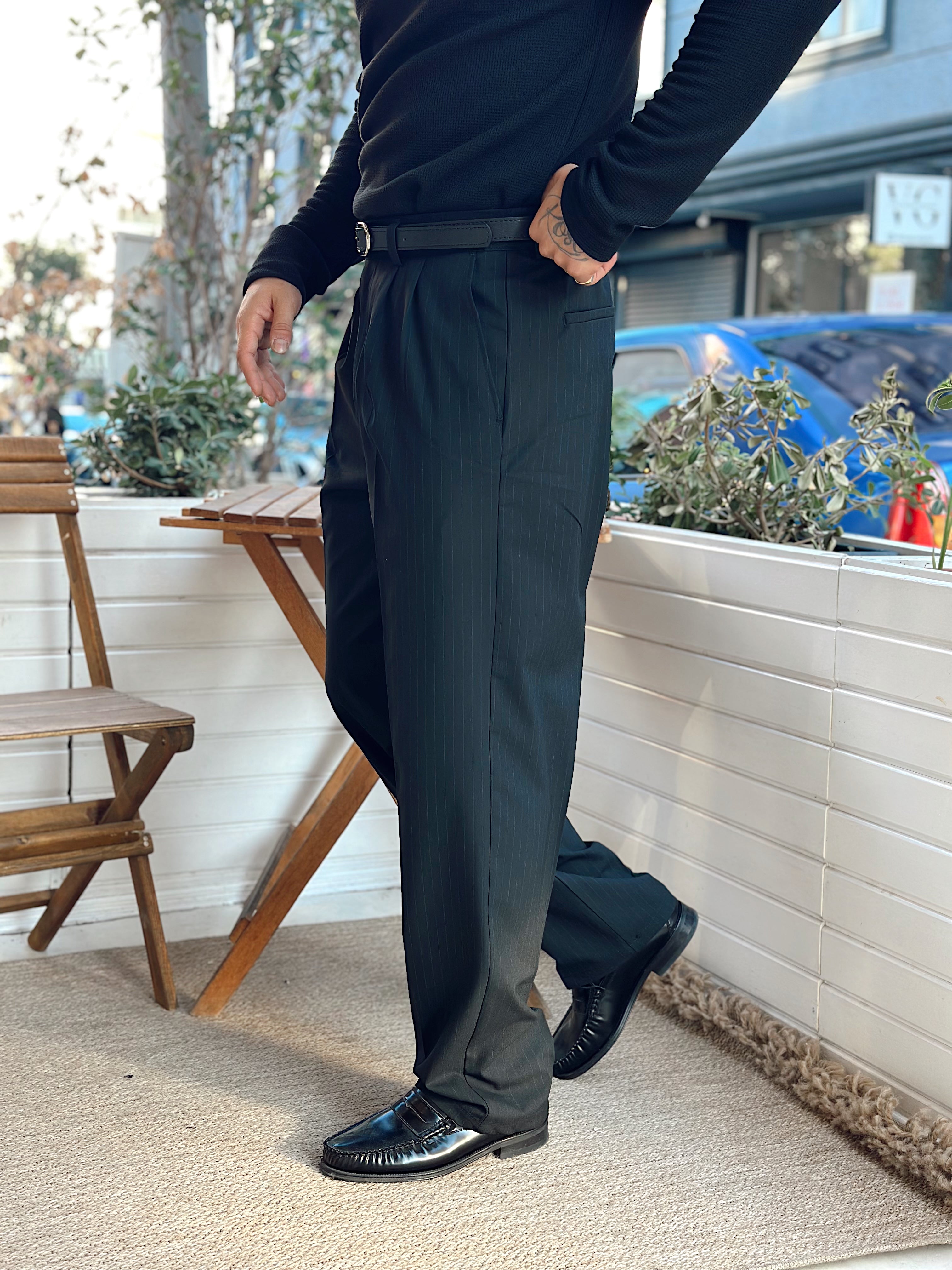 MP4098 - Giesto Çift Pileli Çizgili Baggy Kumaş Pantolon siyah