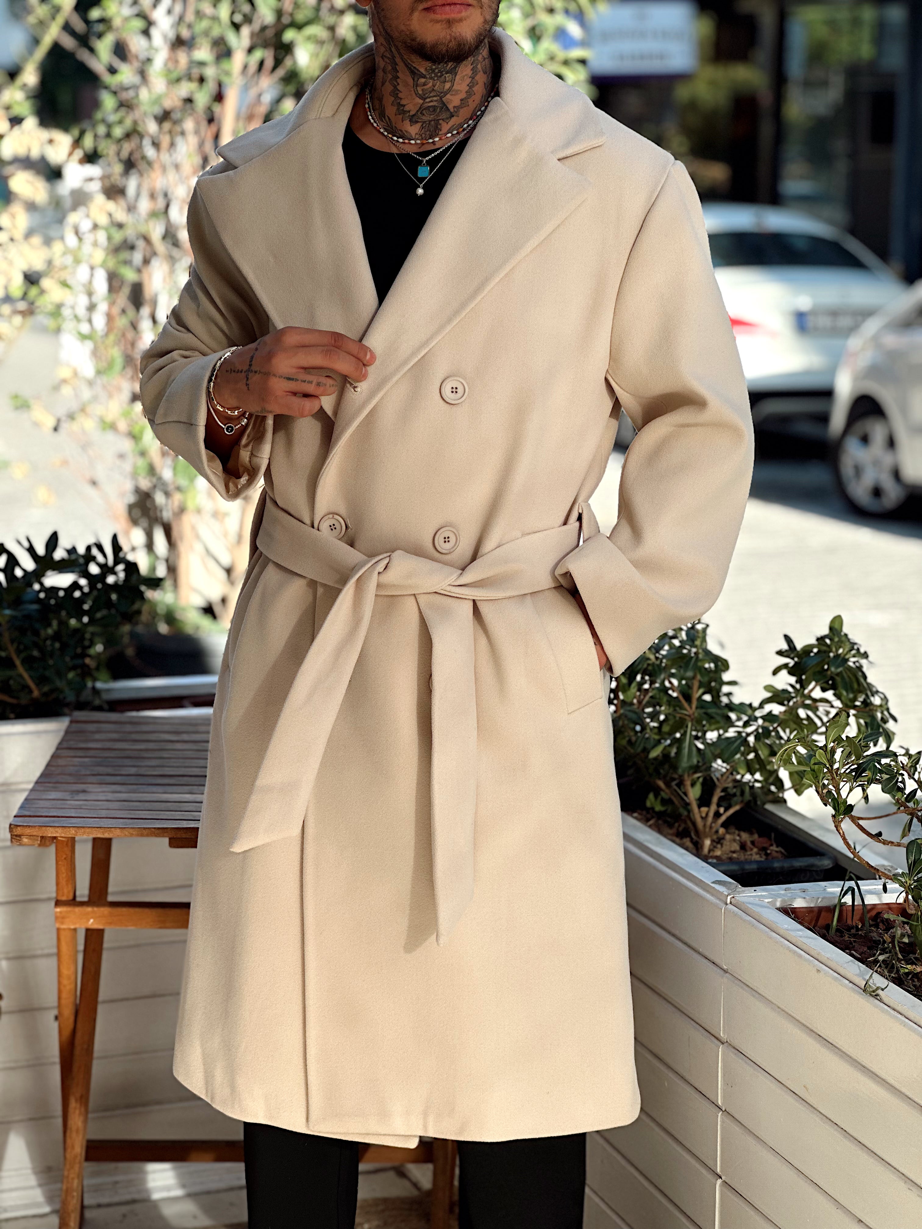 MM4044 - Giesto Oversize Kuşaklı Kaşe Kaban krem