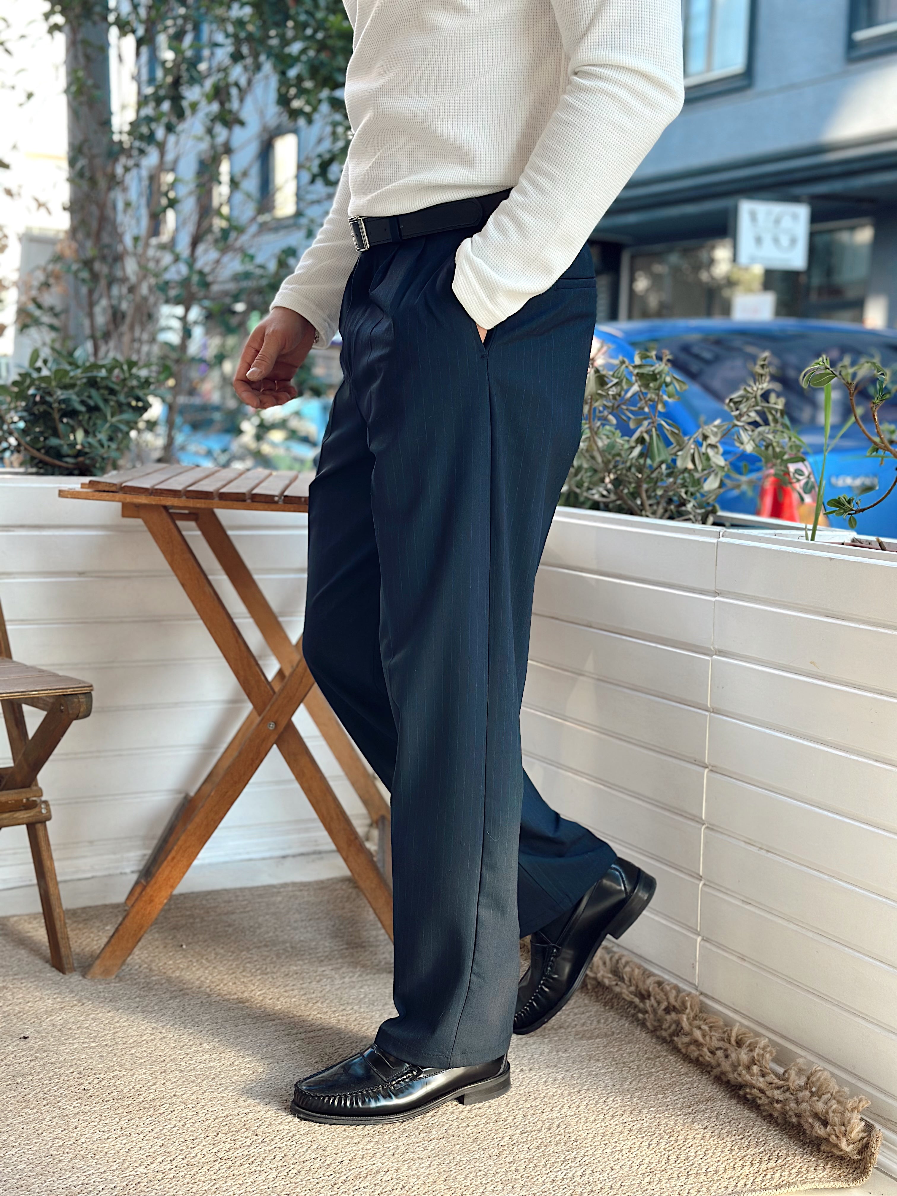 MP4098 - Giesto Çift Pileli Çizgili Baggy Kumaş Pantolon laci