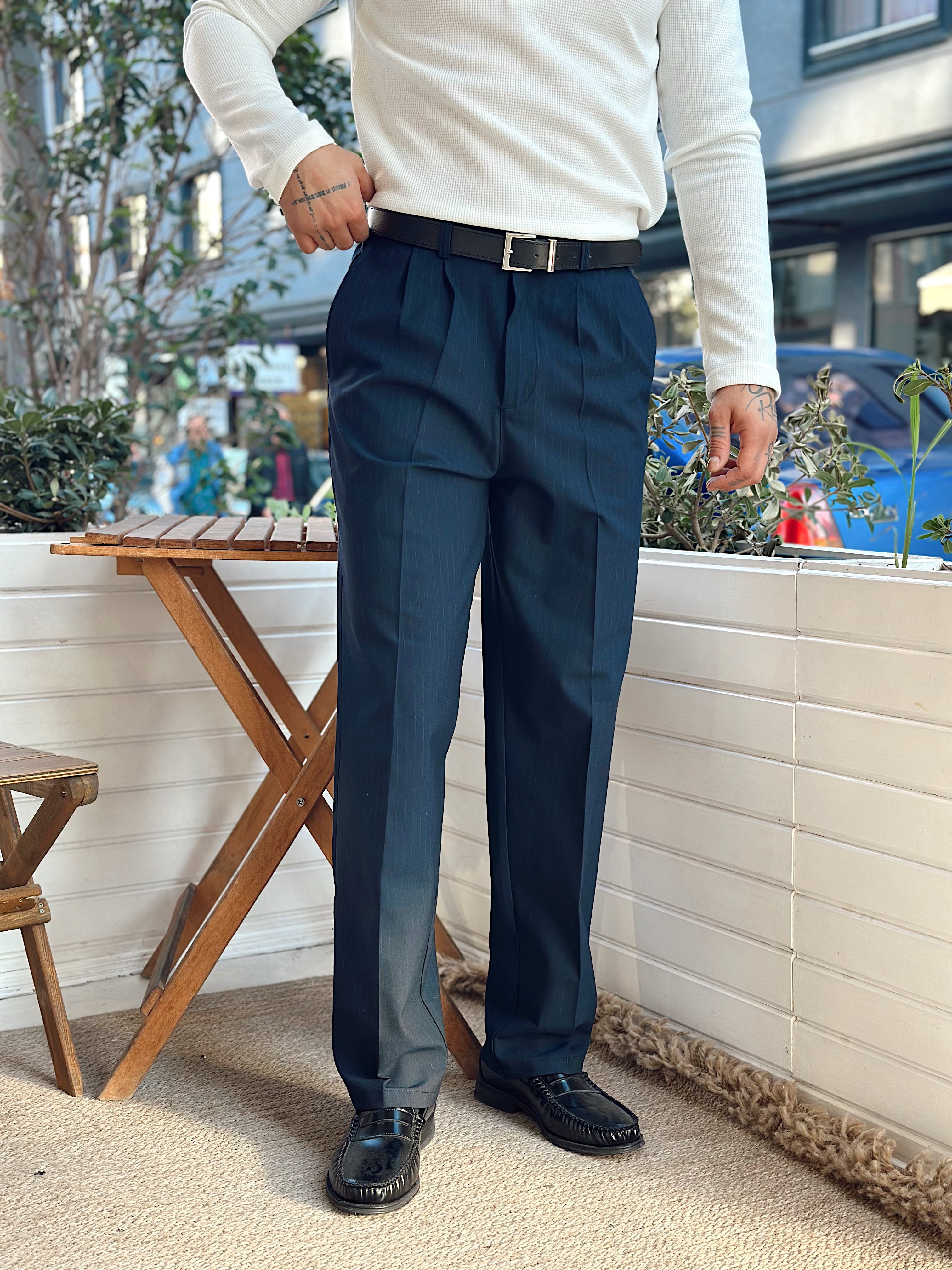 MP4098 - Giesto Çift Pileli Çizgili Baggy Kumaş Pantolon laci