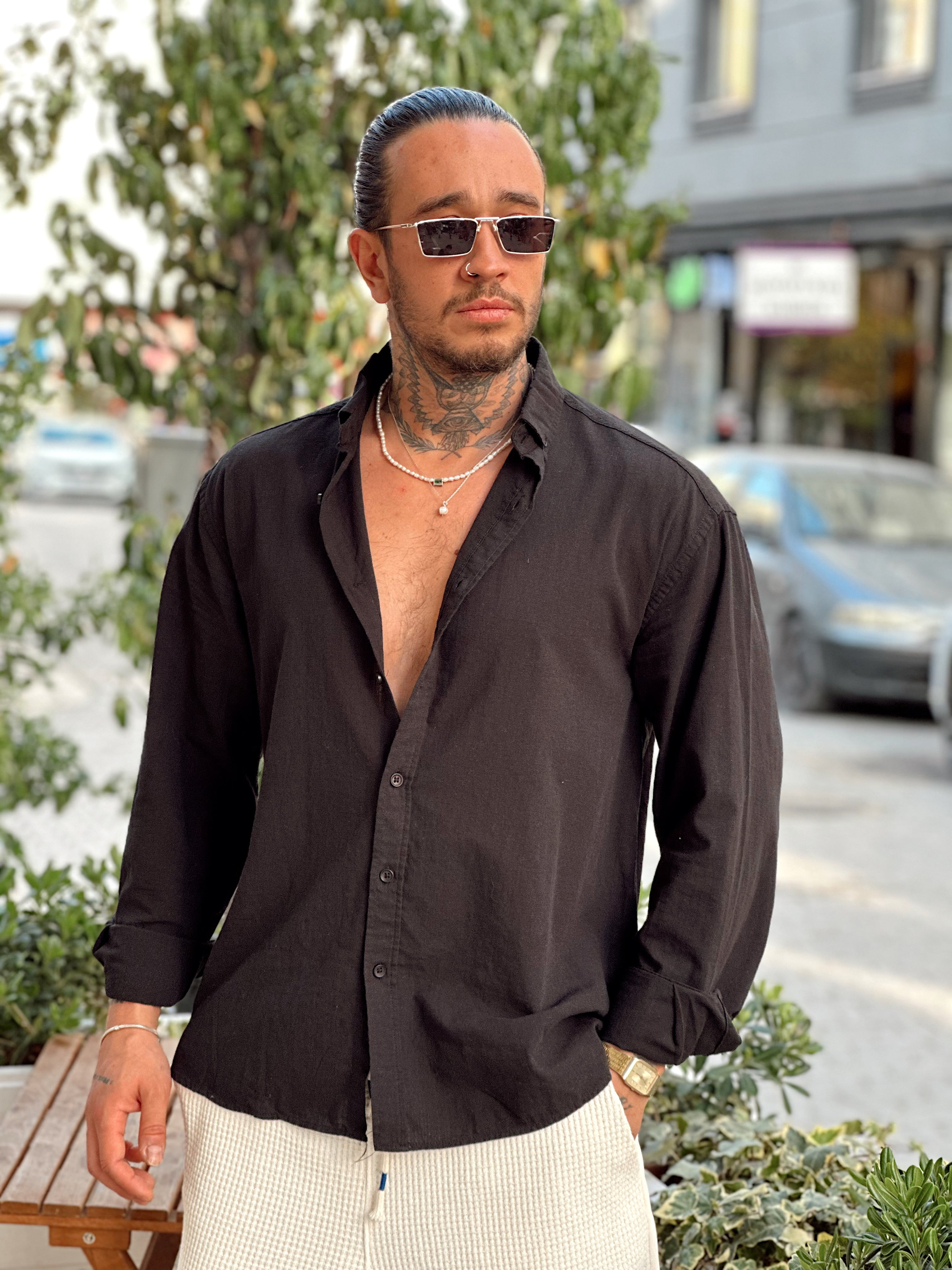 MG2519 - Oversize Fresh Keten Gömlek siyah