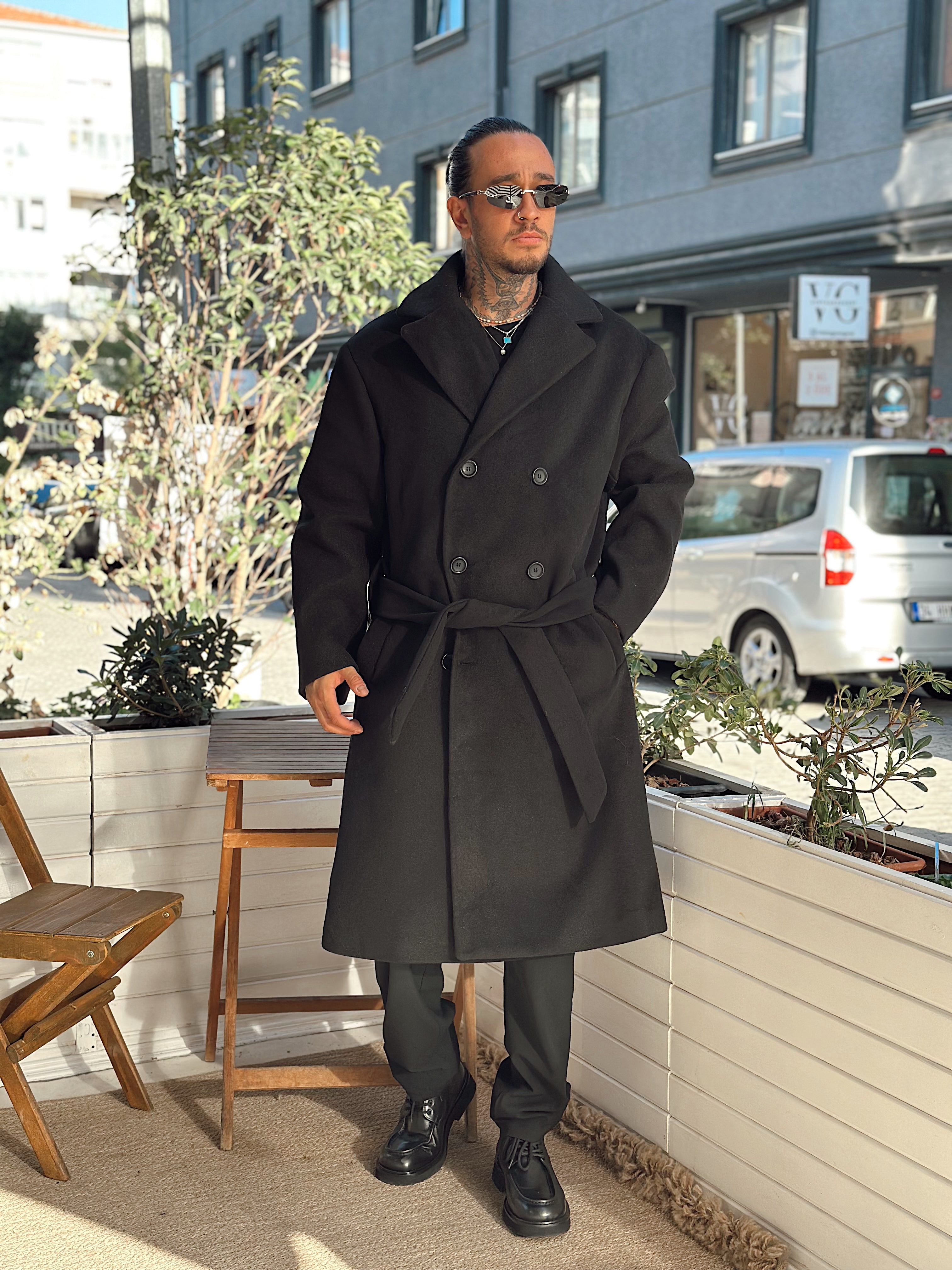 MM4044 - Giesto Oversize Kuşaklı Kaşe Kaban siyah