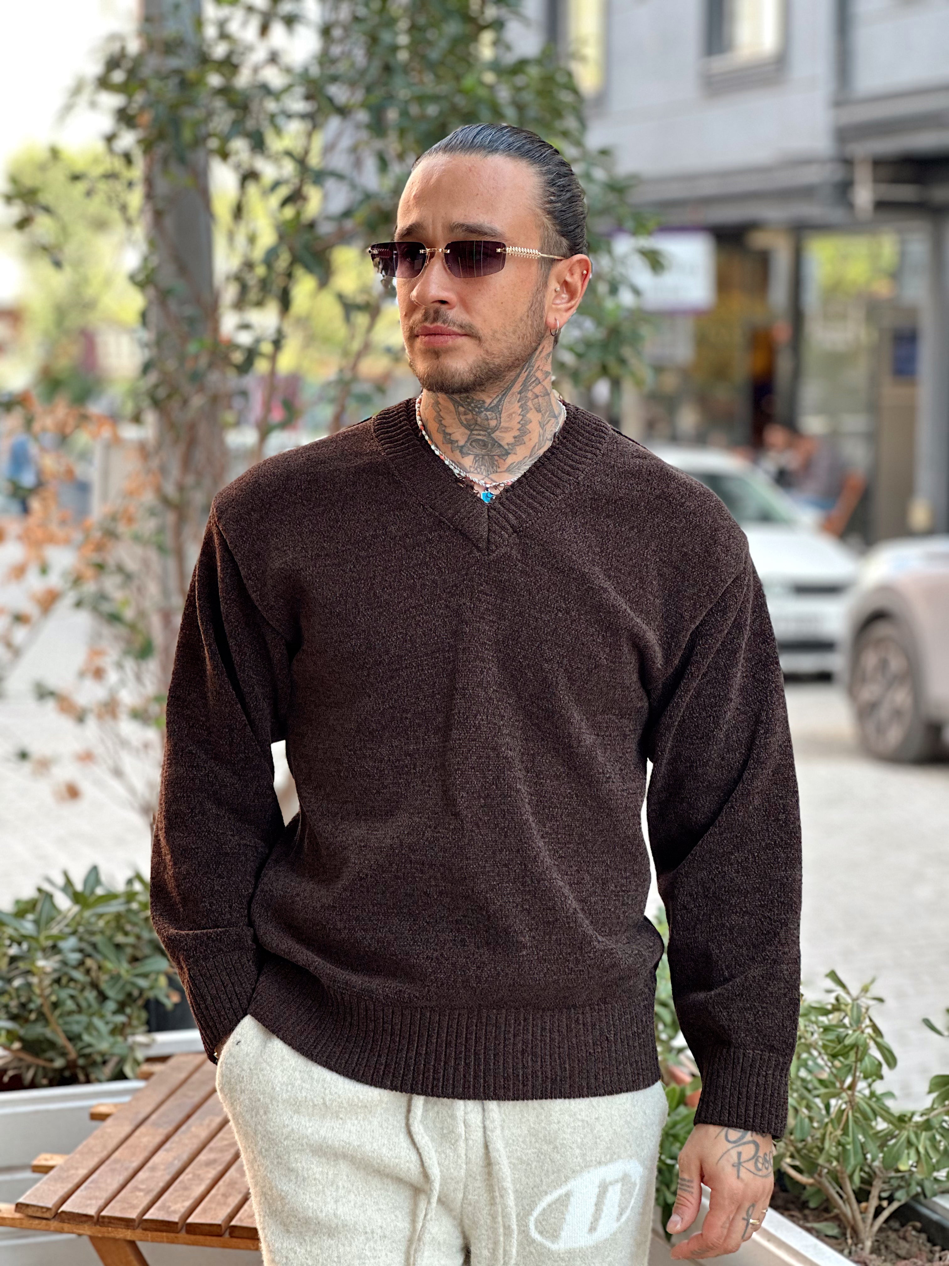 MS4049 - Çift V Yaka Örme Sweatshirt kahve