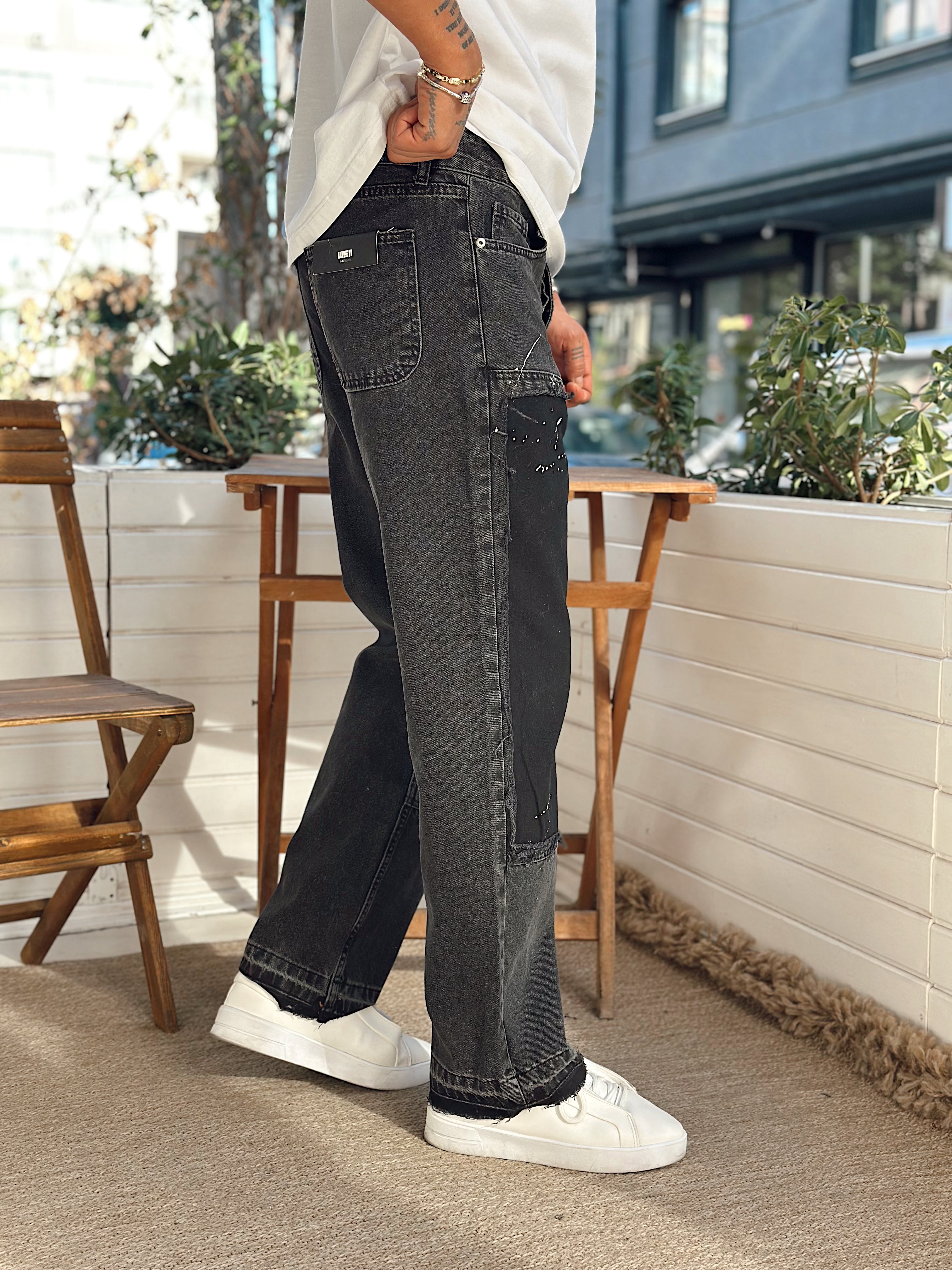 MP4012 - W11 Patchli Regular Kalıp Kot Pantolon siyah