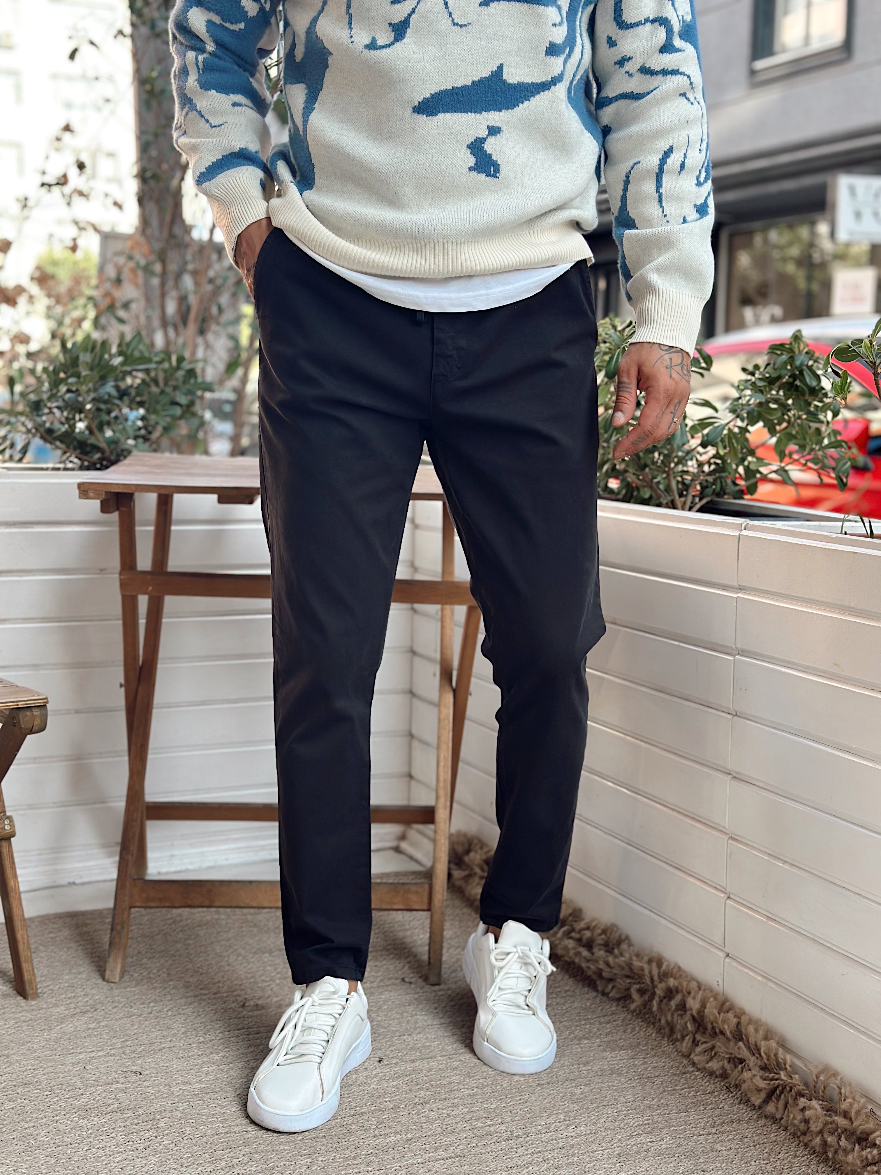 MP4048 - İtalyan Kesim Beli İpli Gabardin Pantolon Siyah