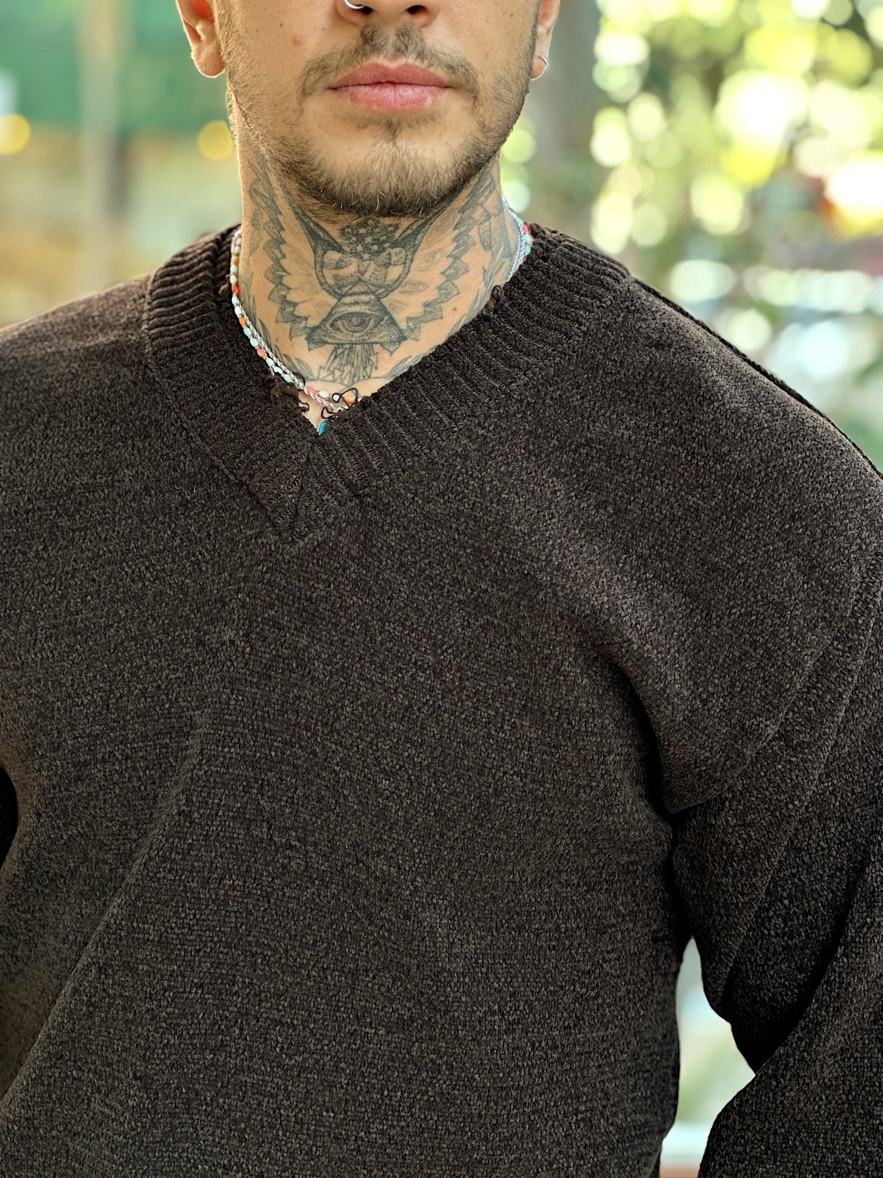 MS4049 - Çift V Yaka Örme Sweatshirt kahve