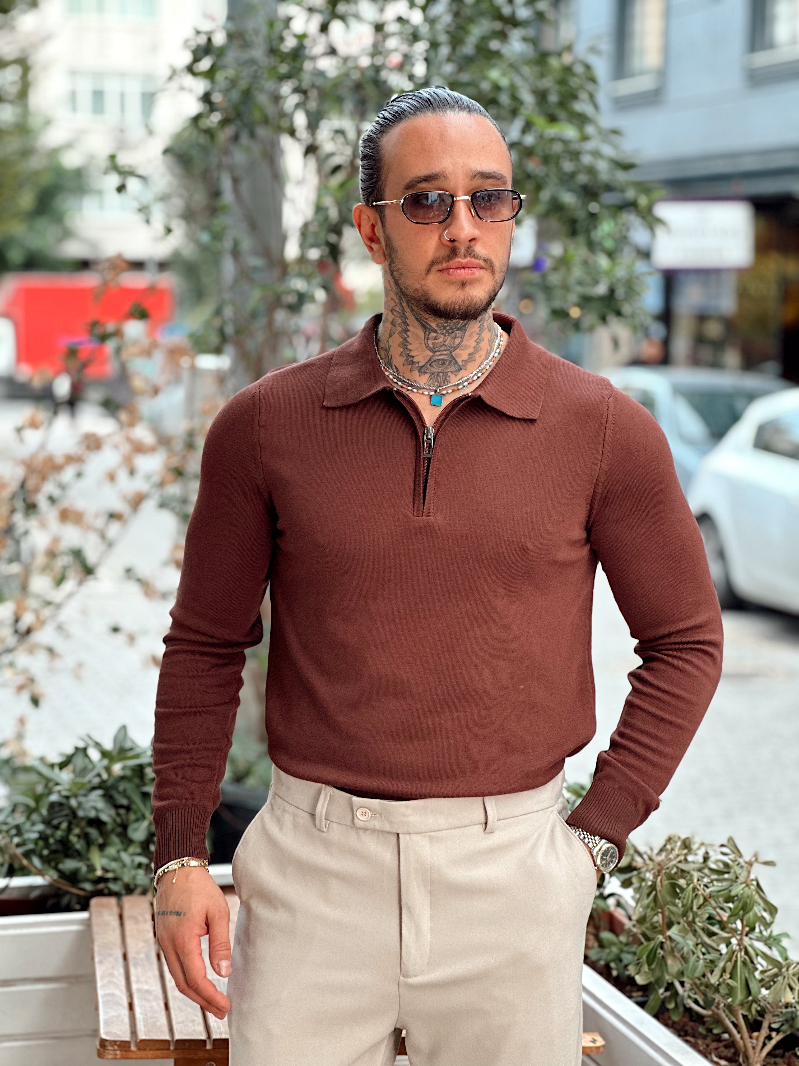 MS4089 - Yakası Fermuarlı Basic Sweatshirt kahve