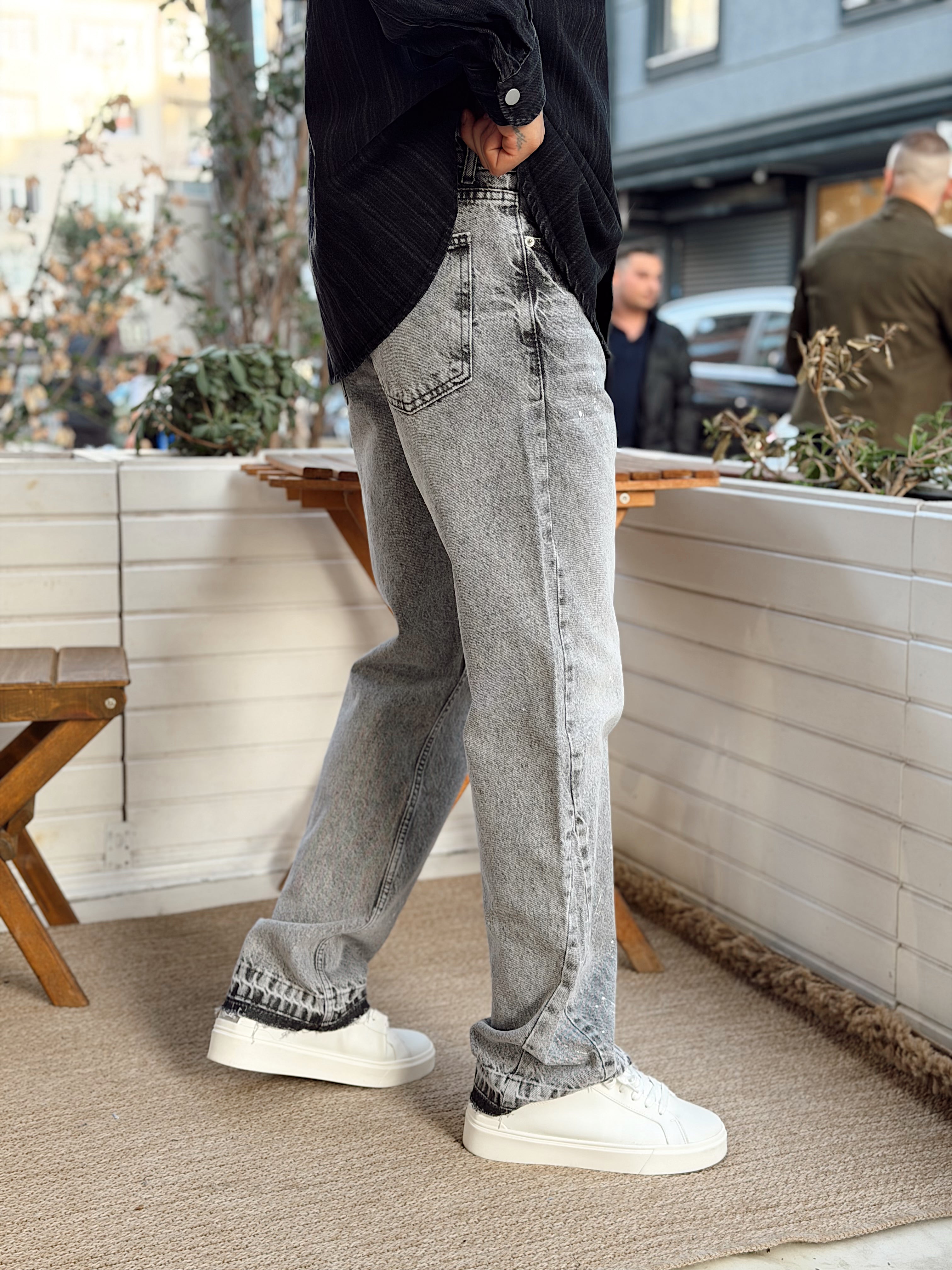 MP4128 - Paça Detaylı Sıçratmalı Regular Pantolon gri 3261