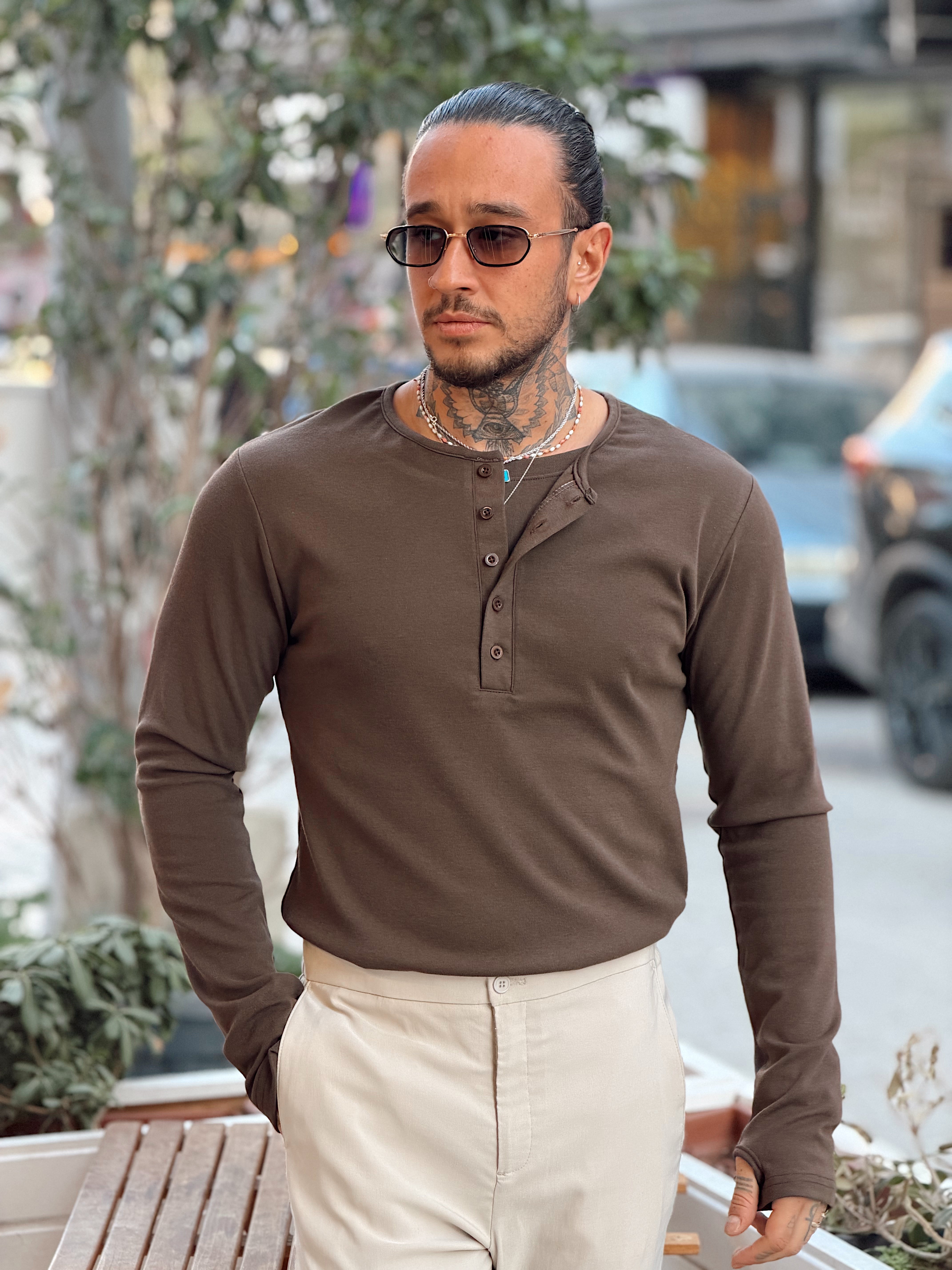 MS4134 - Çift Katmanlı Yakası Düğmeli Sweatshirt kahve