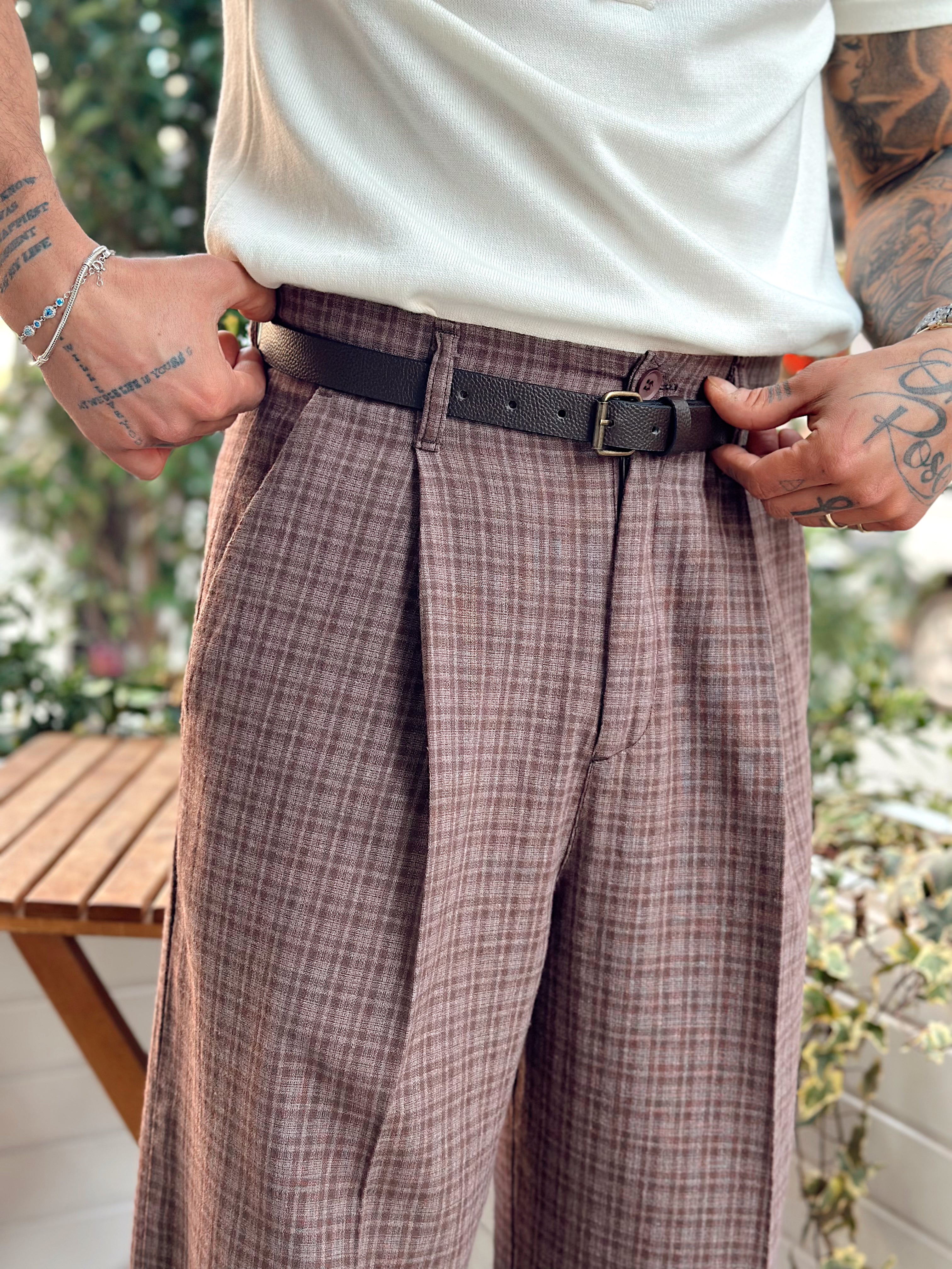 MP2514 - OldMoney Kareli keten Baggy Pantolon kahve