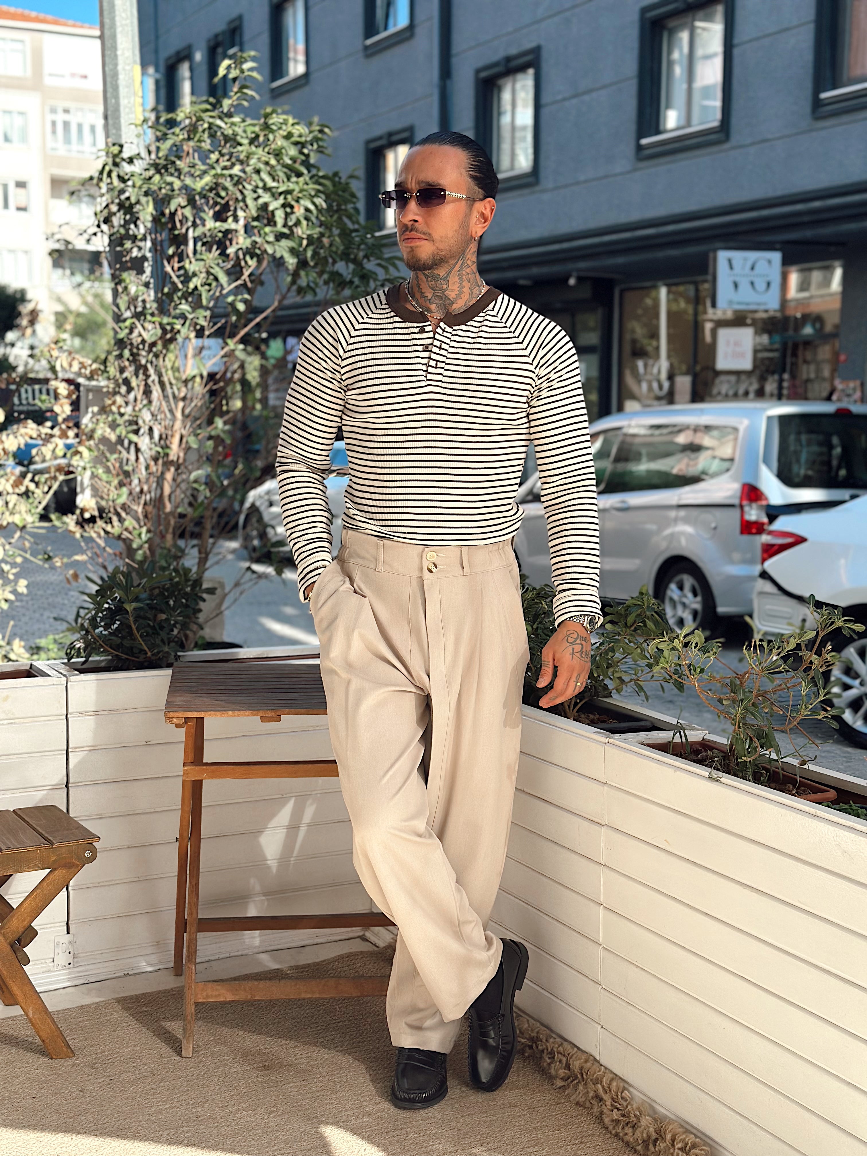 MS4047 - Çizgili Yaka Düğmeli  Sweatshirt Ekru-Kahve