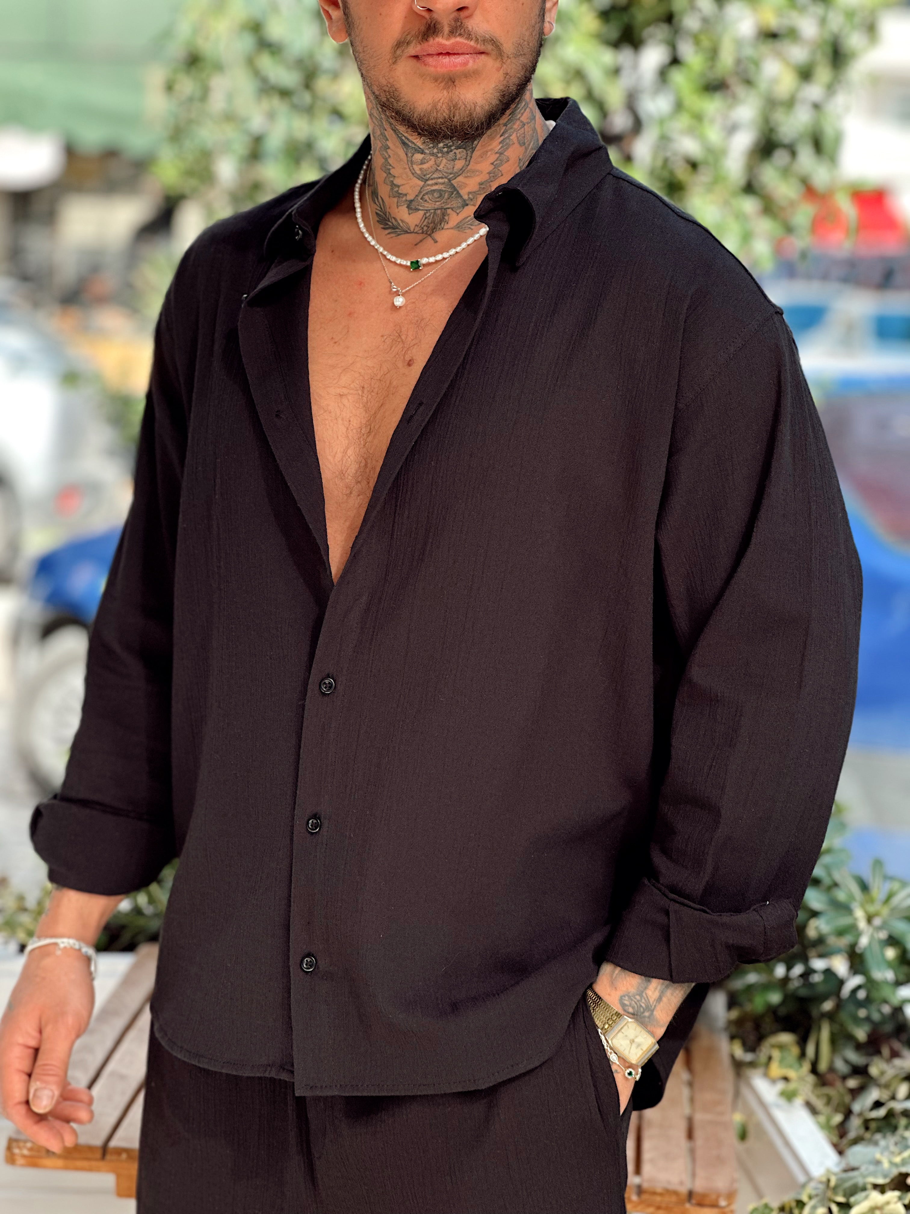 MT2752 - Krinkıl Keten Gömlek-Pantolon Takım siyah
