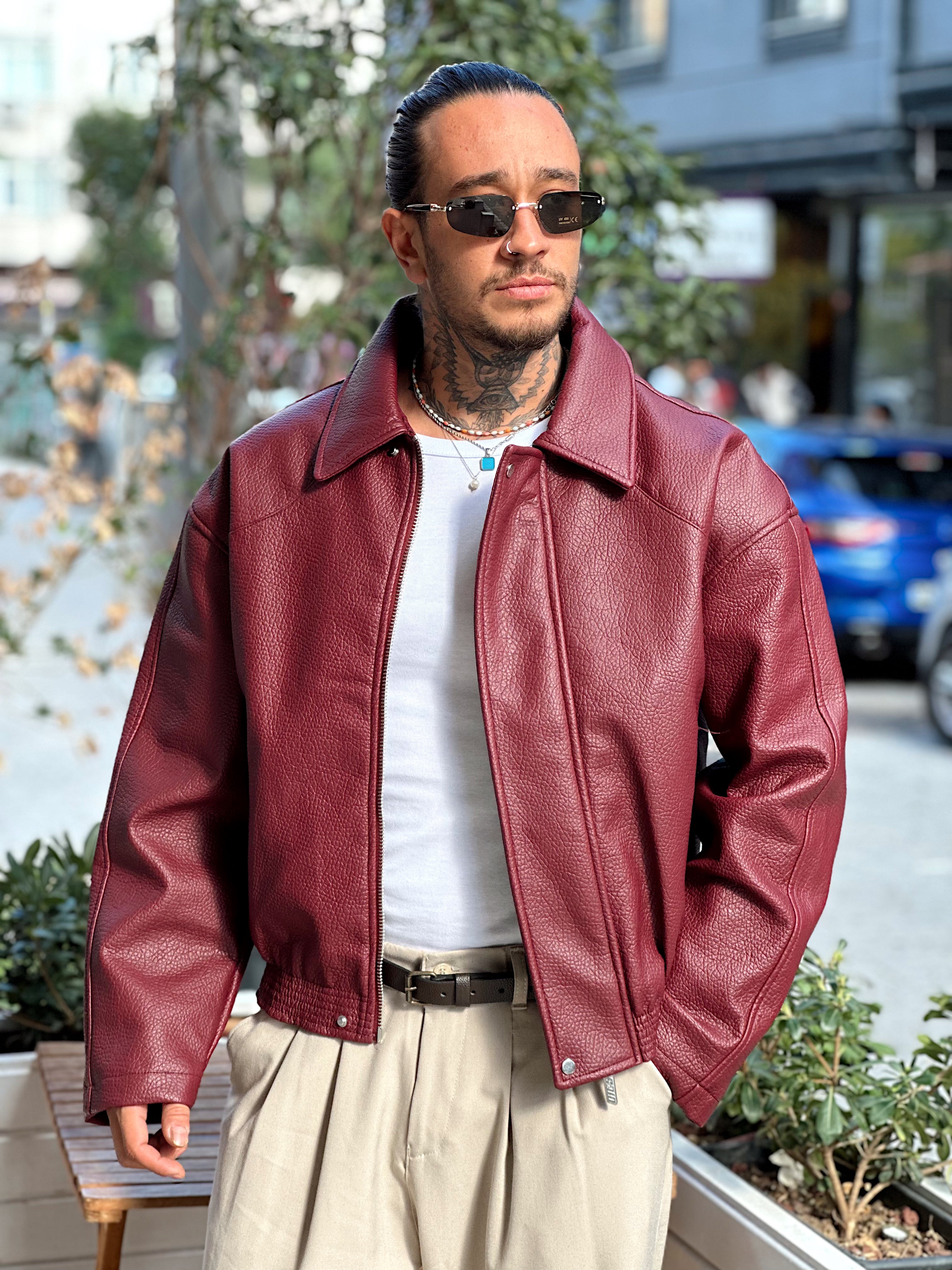 MM4024 - Oversize Yıkamalı Deri Mont bordo