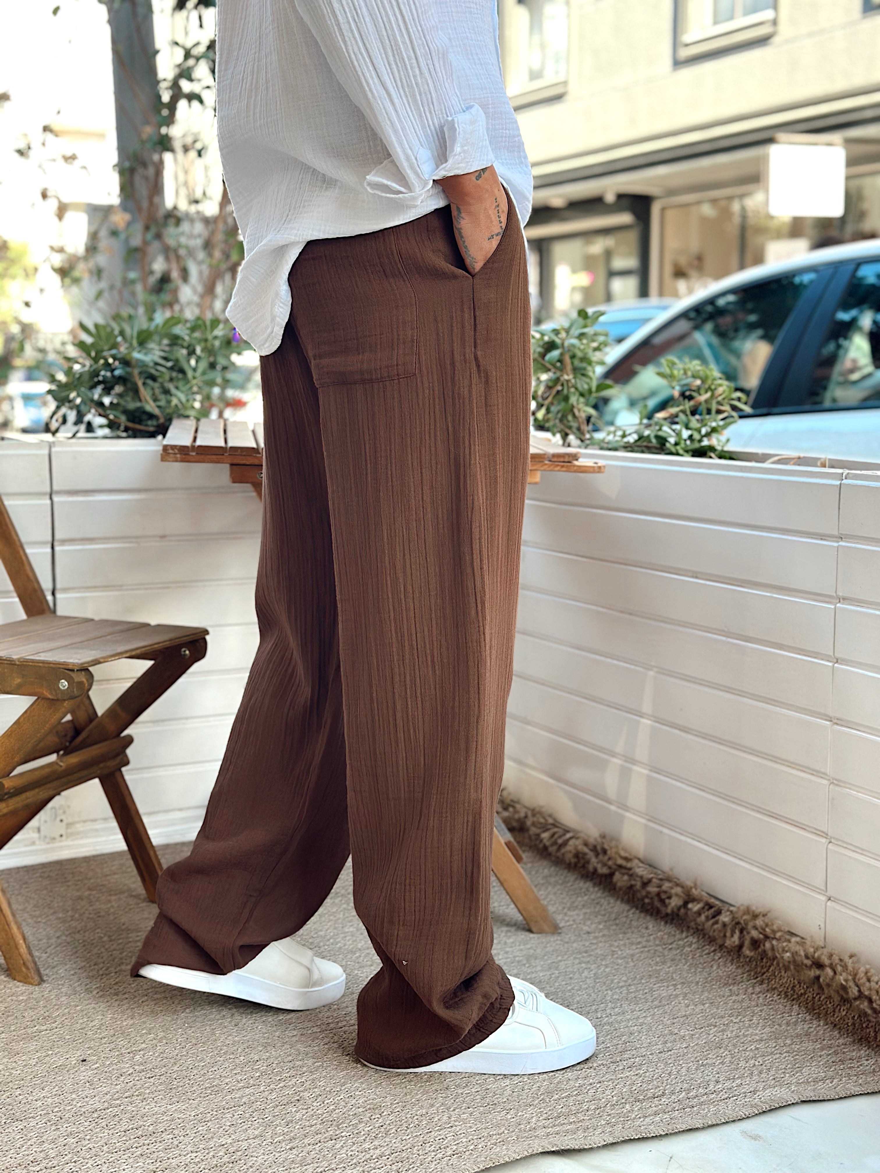 MP3216 - Müslin Kumaş Baggy Pantolon kahve