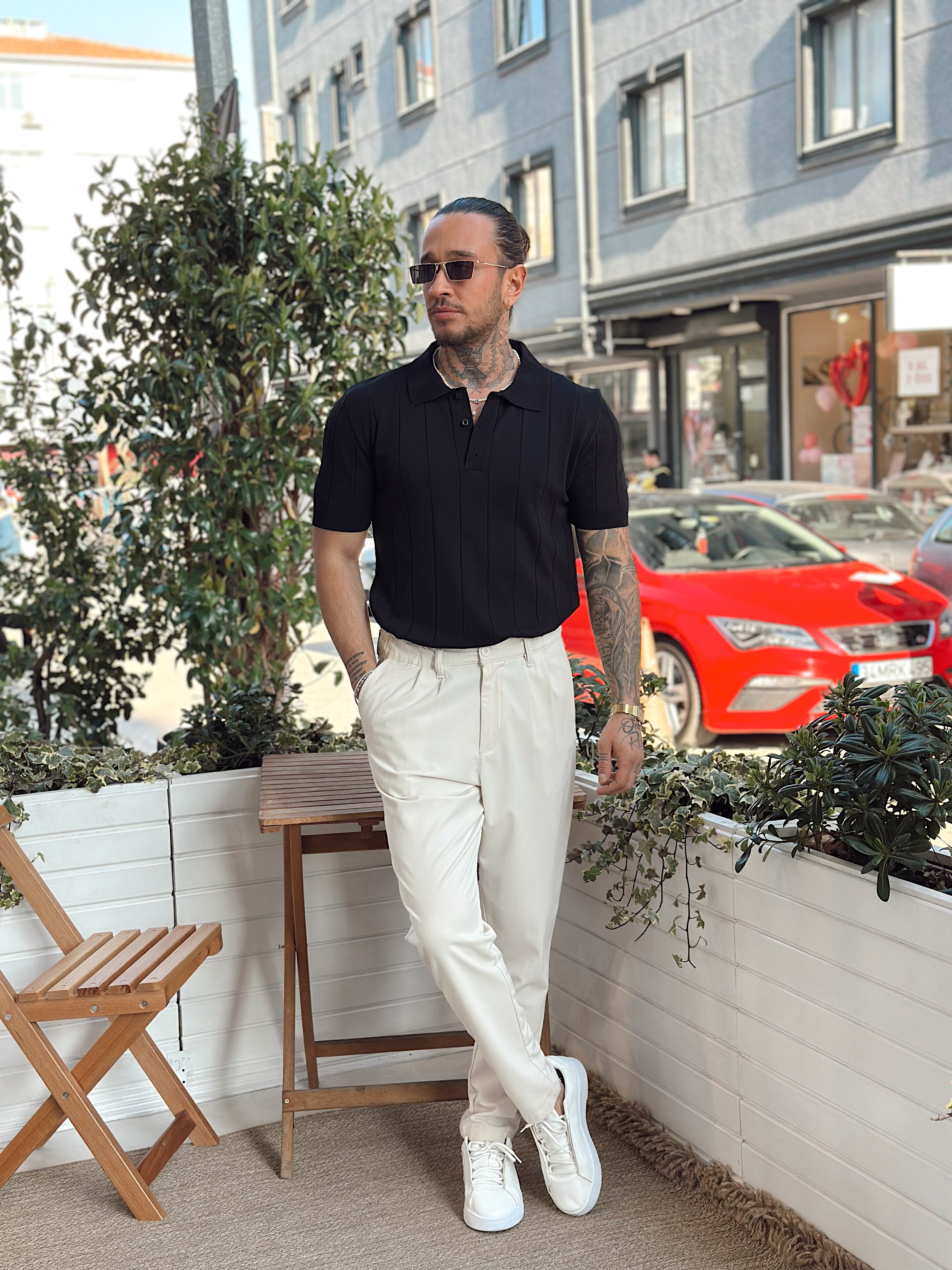 MT2758 -Şerit Detaylı Full Likralı Polo Yaka T-Shirt siyah