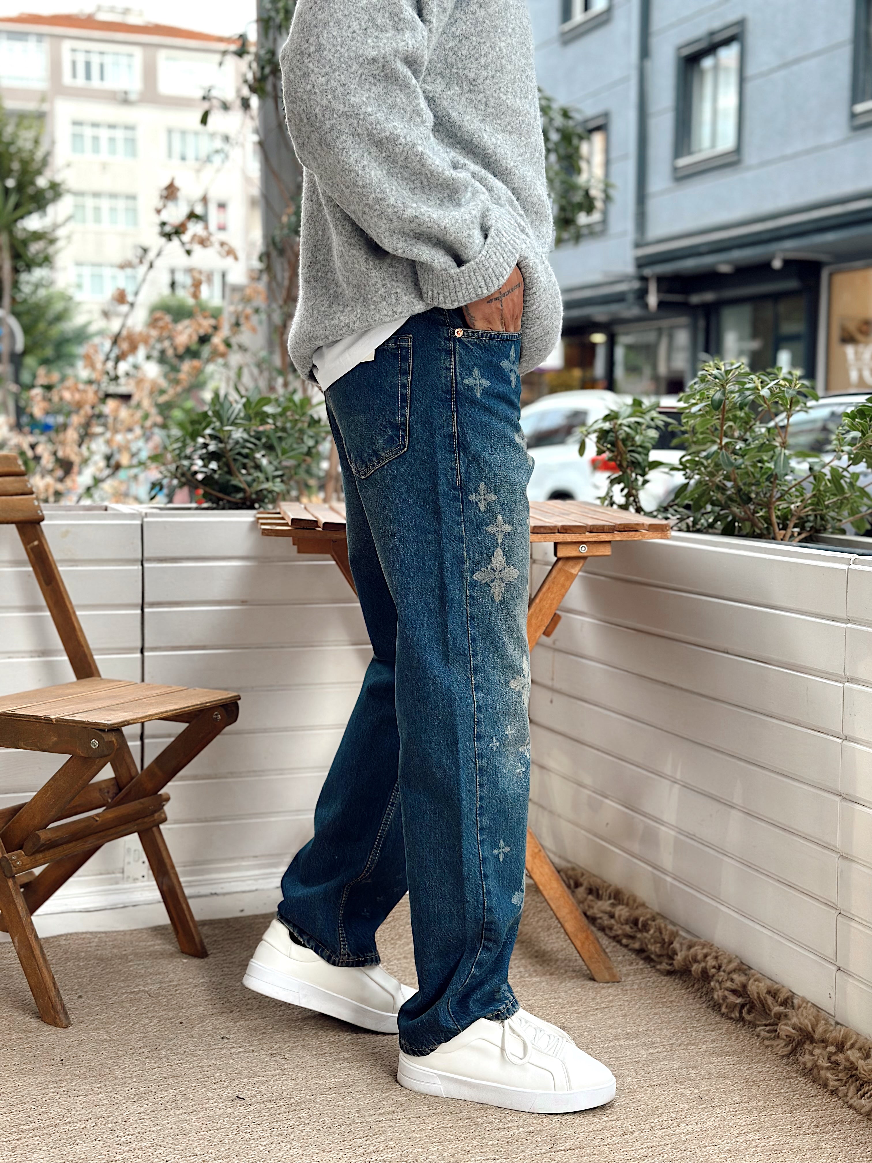 MP4015 - W11 Desenli Regular Kalıp Kot Pantolon mavi